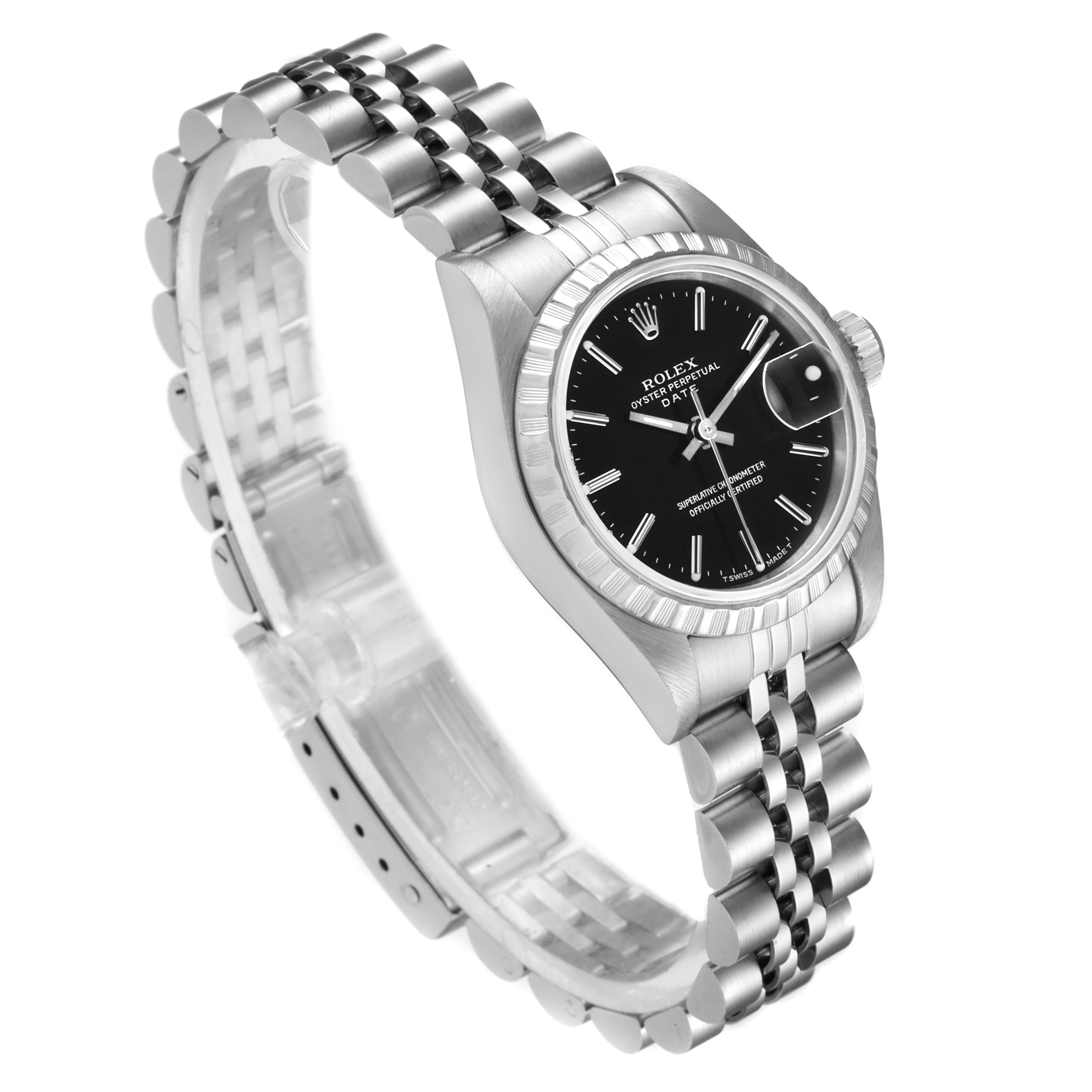The Rolex Date 69240 Women
s Stainless Steel Black Dial 69240 Women
s Stainless Steel Black Dial watch is shown at a slight angle, highlighting its black dial, fluted bezel, and Jubilee bracelet.
