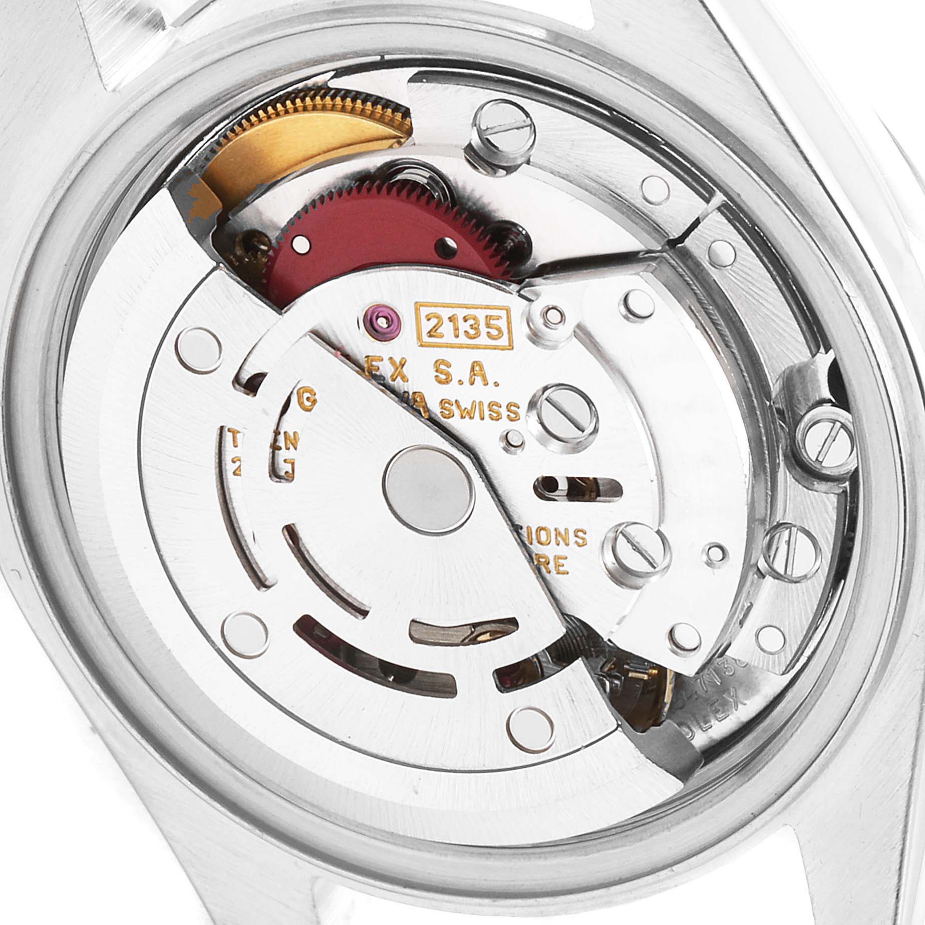 The image shows the open back of a Rolex Date 69240 Women
s Stainless Steel Black Dial 69240 Women
s Stainless Steel Black Dial model watch, revealing the internal movement and mechanics.