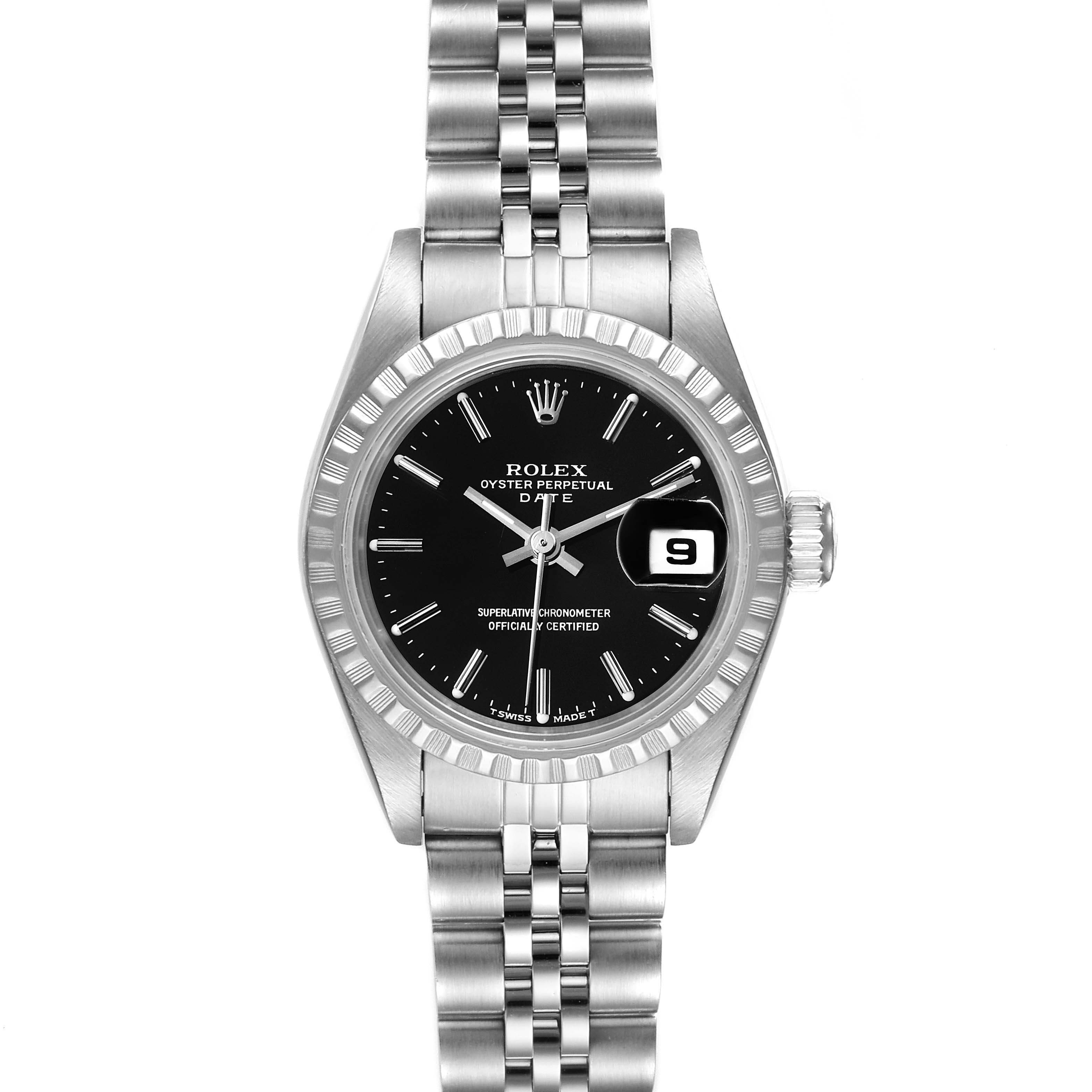 The image shows a front view of a Rolex Date 69240 Women
s Stainless Steel Black Dial 69240 Women
s Stainless Steel Black Dial model watch featuring its bracelet, bezel, dial, and date window.