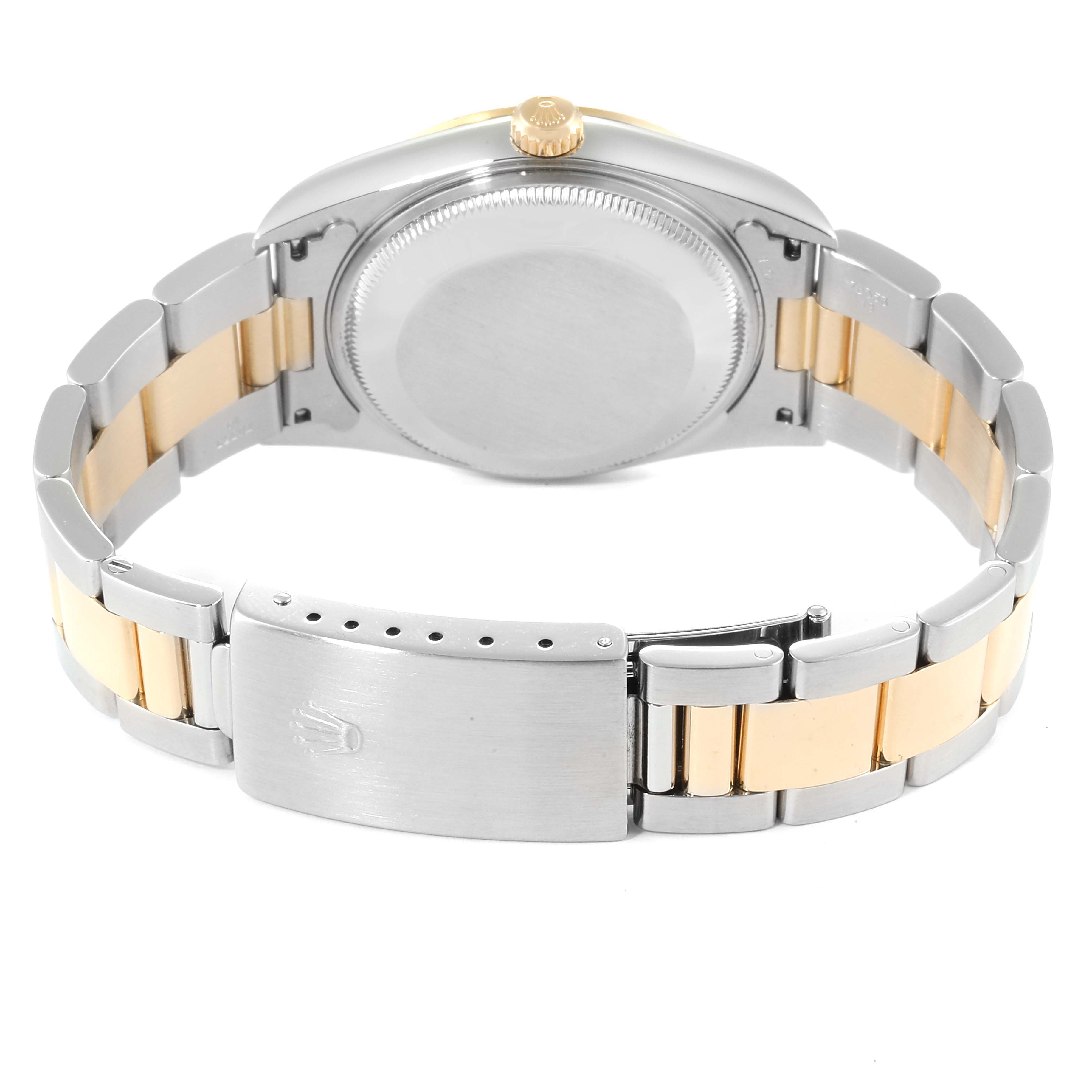 This image shows the back view of a Rolex Date 15223 Men's Steel and Gold (two tone) Silver Dial 15223 Men's Steel and Gold (two tone) Silver Dial watch, highlighting the case back, bracelet, and clasp.