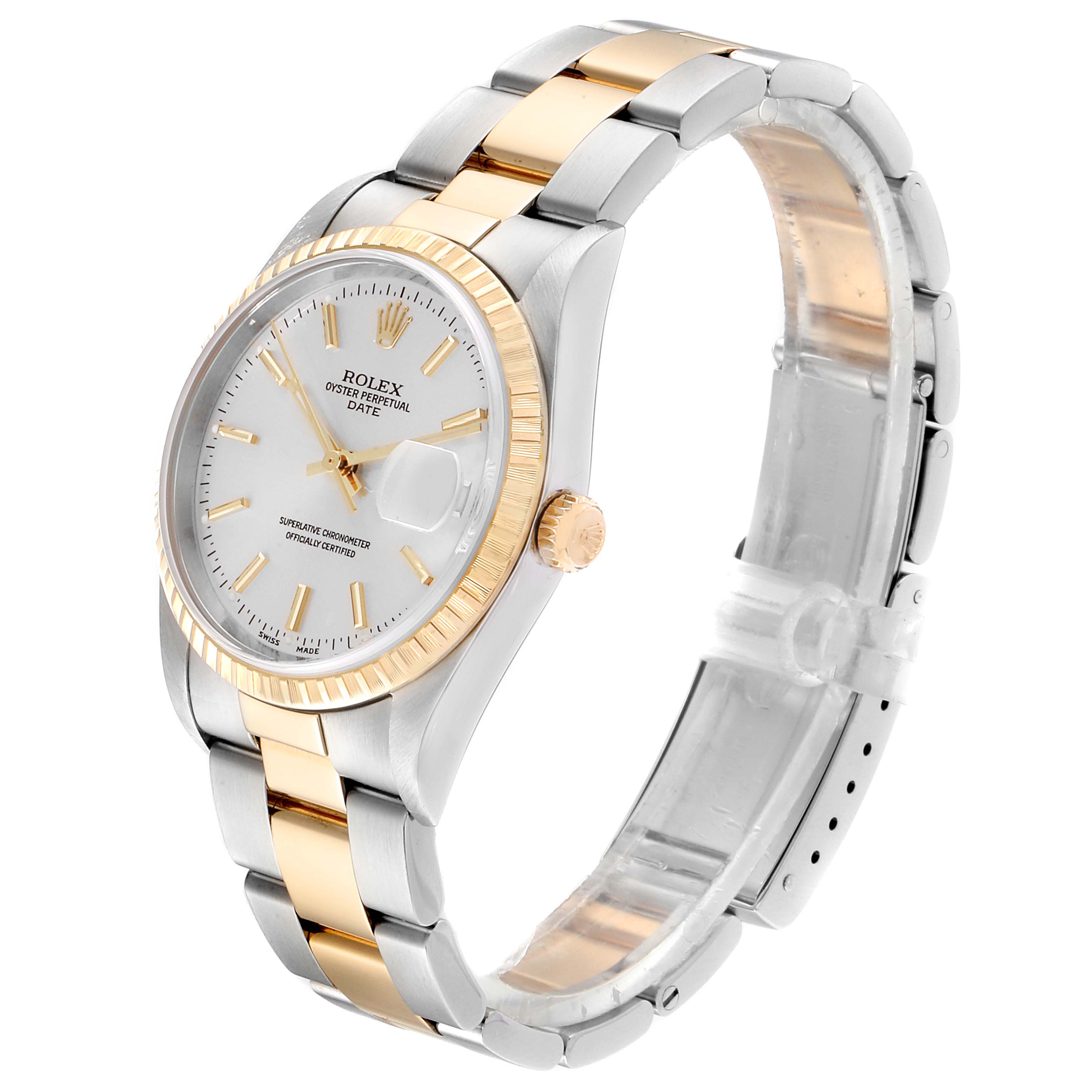 The Rolex Date 15223 Men's Steel and Gold (two tone) Silver Dial 15223 Men's Steel and Gold (two tone) Silver Dial model is shown at an angle highlighting the face, bezel, crown, and bracelet.