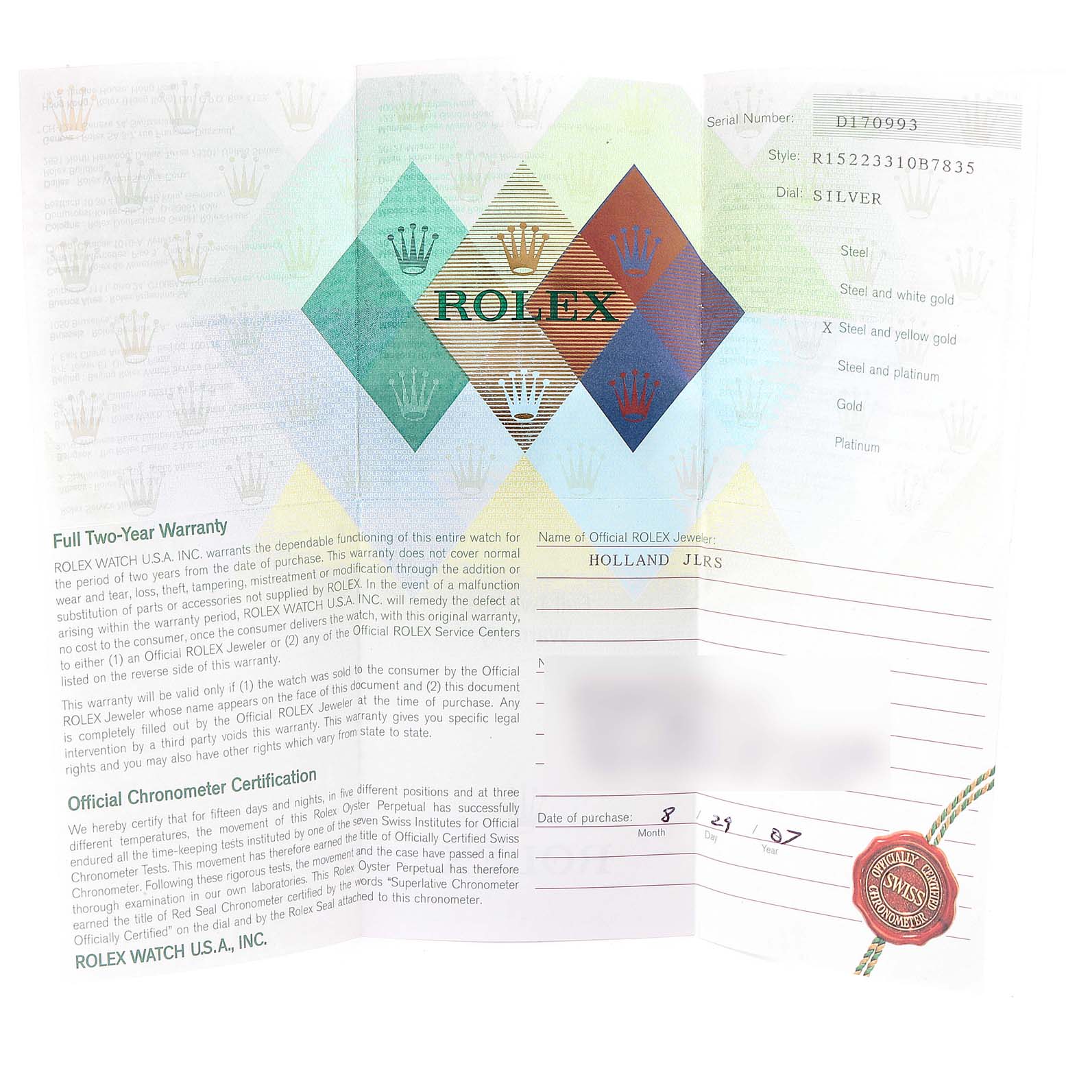 The image shows the warranty and certification papers for a Rolex Date 15223 Men's Steel and Gold (two tone) Silver Dial 15223 Men's Steel and Gold (two tone) Silver Dial model watch.