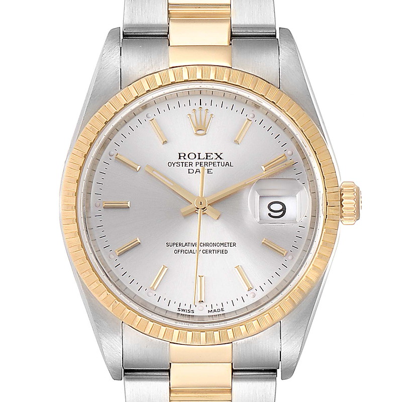 Rolex Date Mens Steel Yellow Gold Silver Dial Mens Watch 15223 Box Papers SwissWatchExpo