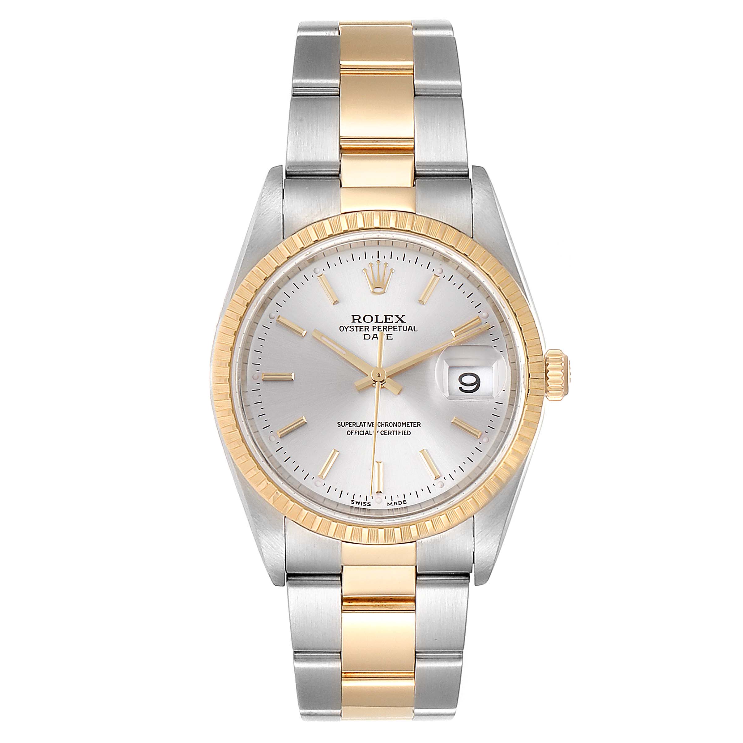 The image shows a Rolex Date 15223 Men's Steel and Gold (two tone) Silver Dial 15223 Men's Steel and Gold (two tone) Silver Dial model watch, featuring a two-tone bracelet, a gold fluted bezel, and a silver dial at a straight-on angle.