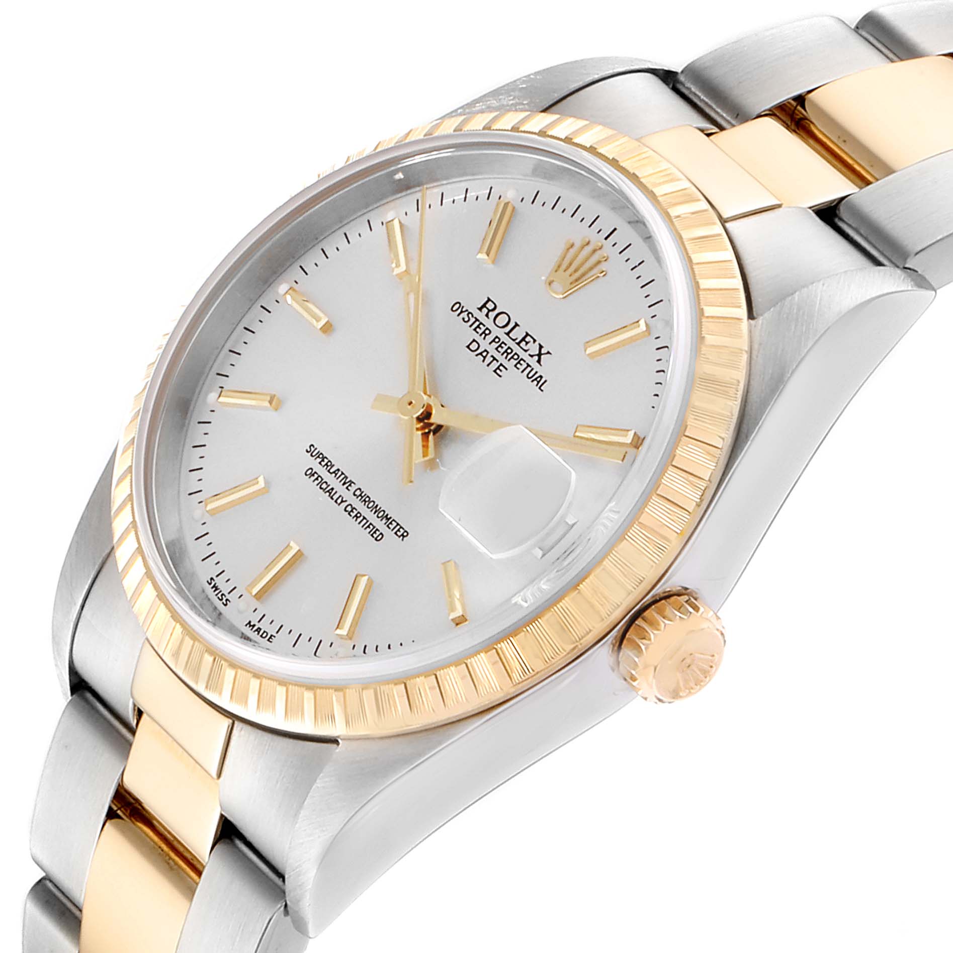 The image shows a Rolex Date 15223 Men's Steel and Gold (two tone) Silver Dial 15223 Men's Steel and Gold (two tone) Silver Dial model watch from an angled side view, highlighting the dial, bracelet, bezel, and crown.