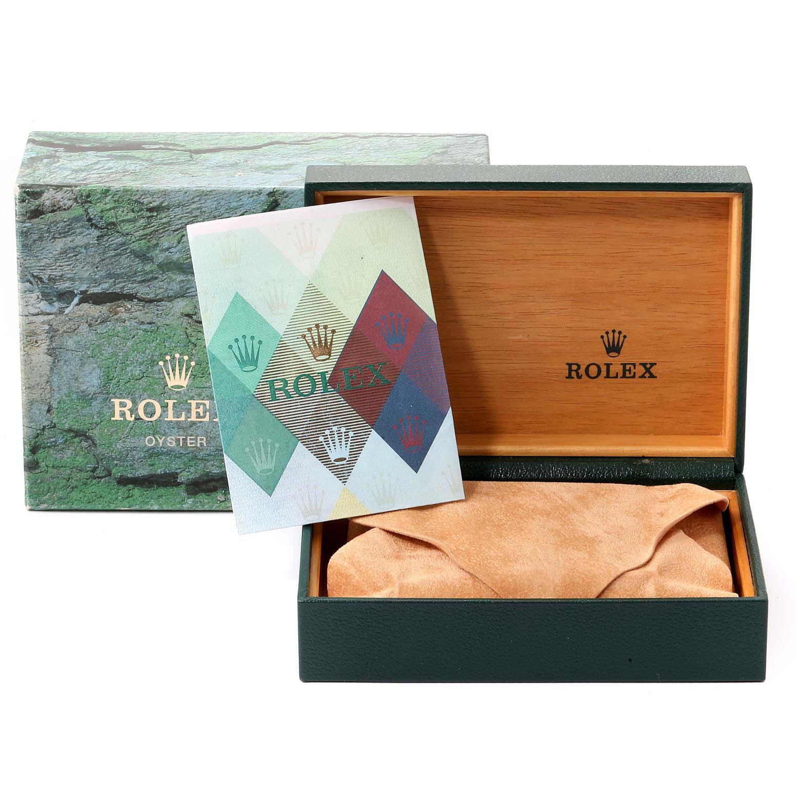 This image shows the packaging components of a Rolex Date 15223 Men's Steel and Gold (two tone) Silver Dial 15223 Men's Steel and Gold (two tone) Silver Dial model watch, including the box, inner cushion, and instruction manual.