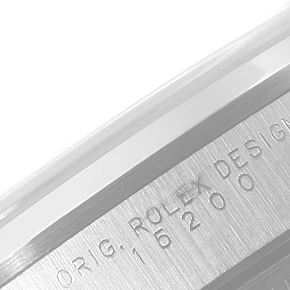 The image shows a close-up of the case side of the Rolex Date 15200 Men's Stainless Steel Silver Dial 15200 Men's Stainless Steel Silver Dial watch, displaying the model number and "ROLEX DESIGN" engraving.