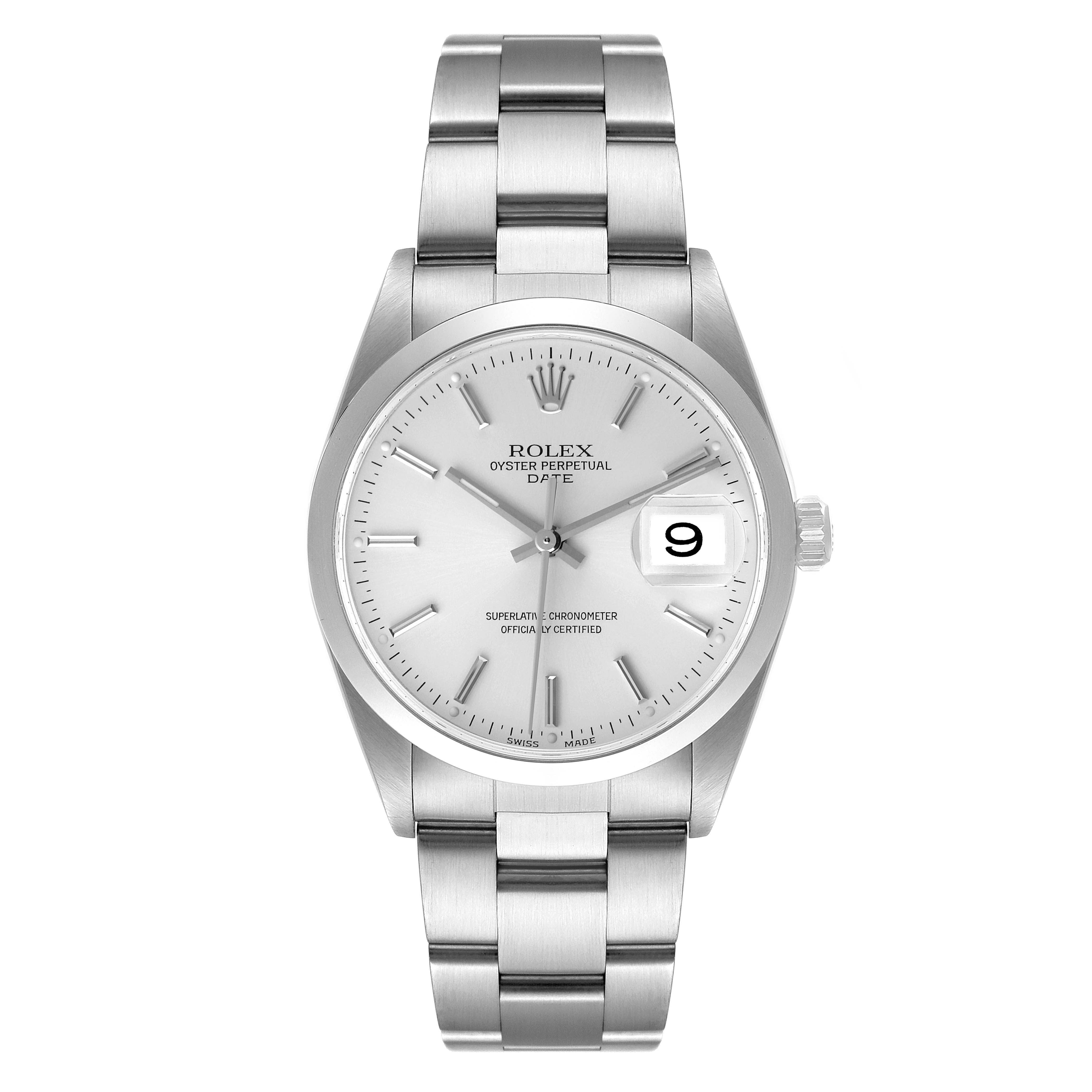 The image shows the front view of a Rolex Date 15200 Men's Stainless Steel Silver Dial 15200 Men's Stainless Steel Silver Dial model watch, displaying the dial, hands, bracelet, and date window.