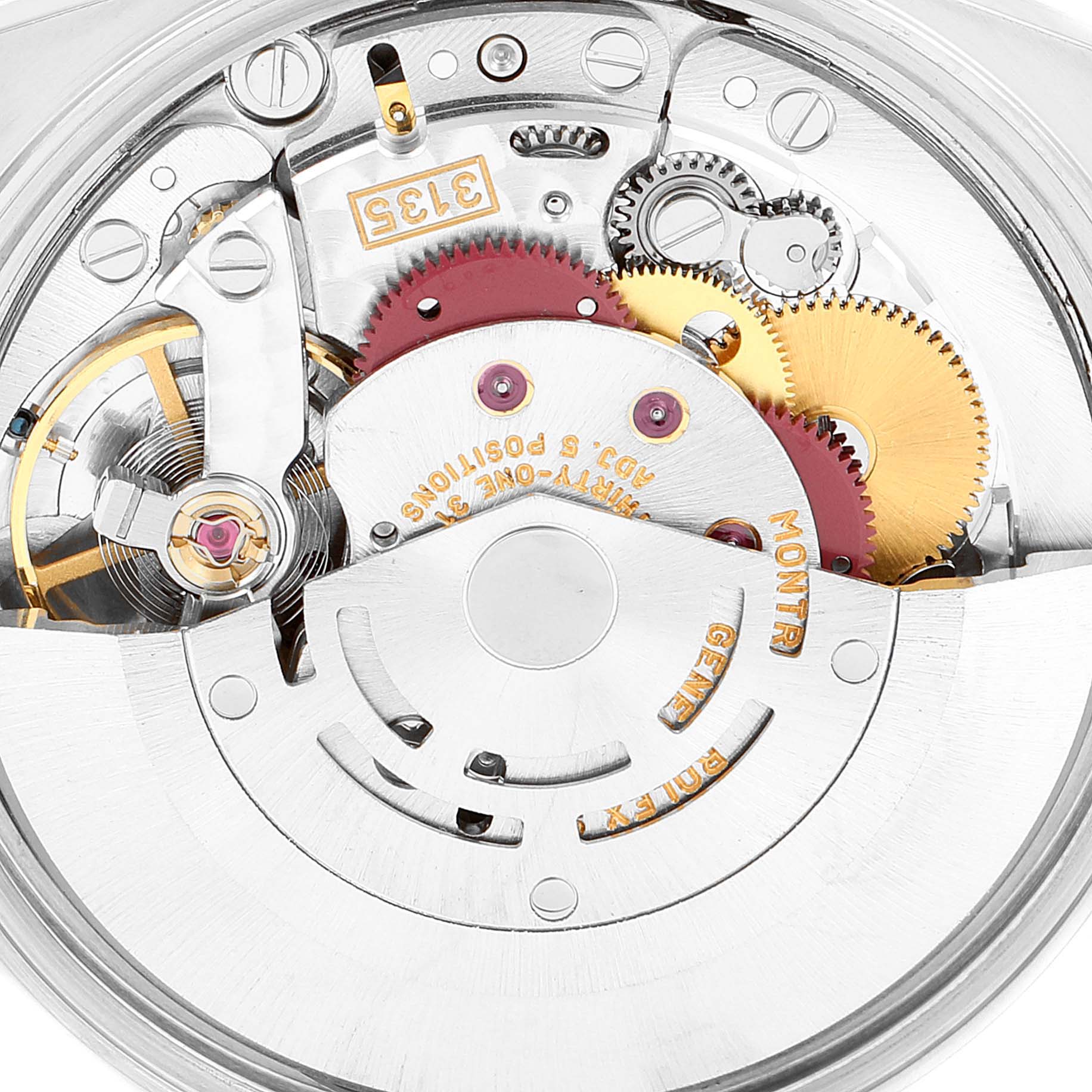 This image shows the intricate internal movement mechanism of a Rolex Date 15200 Men's Stainless Steel Silver Dial 15200 Men's Stainless Steel Silver Dial model watch, featuring gears and various components.