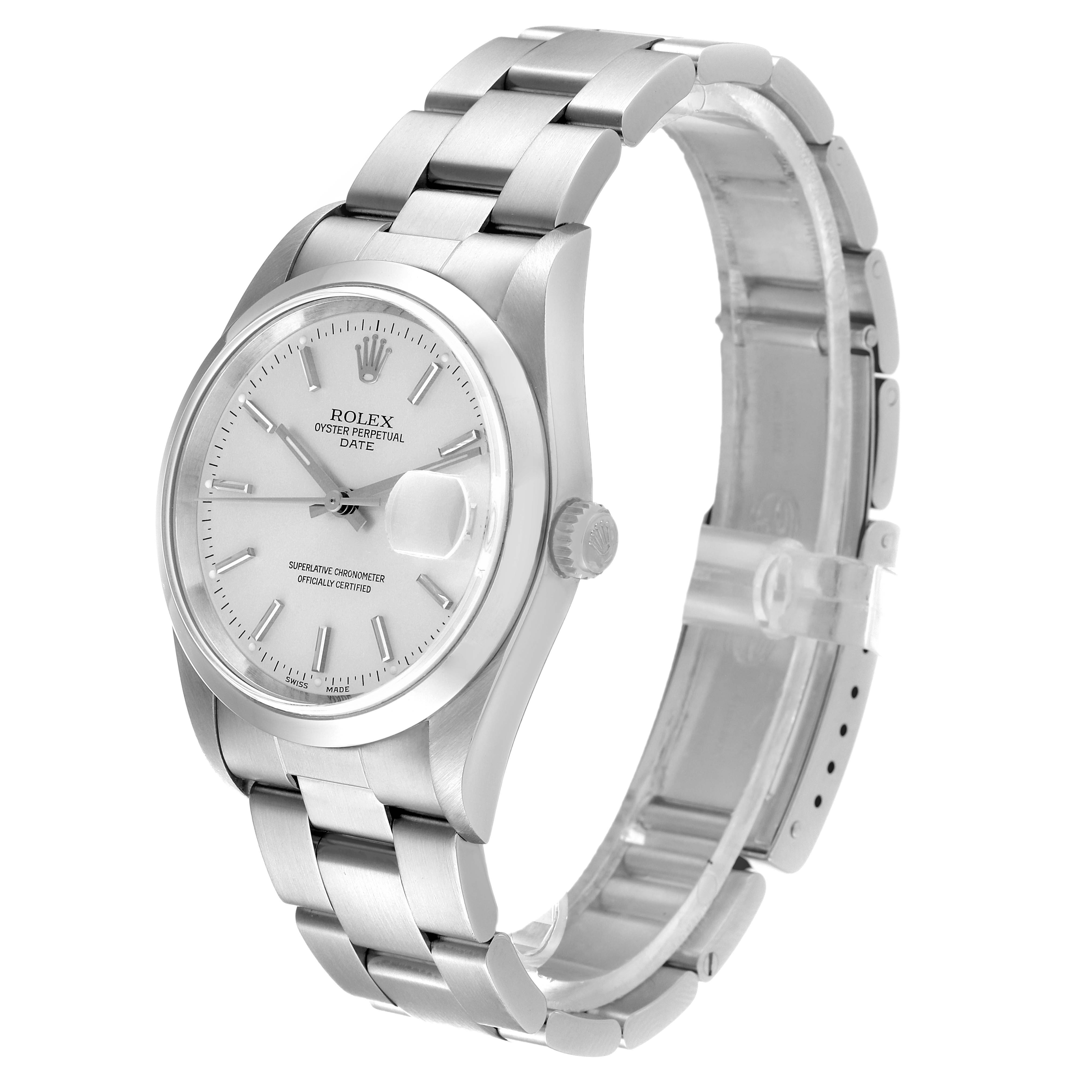 The image shows a close-up, angled view of the Rolex Date 15200 Men's Stainless Steel Silver Dial 15200 Men's Stainless Steel Silver Dial model watch, displaying its face, metal bracelet, and clasp.