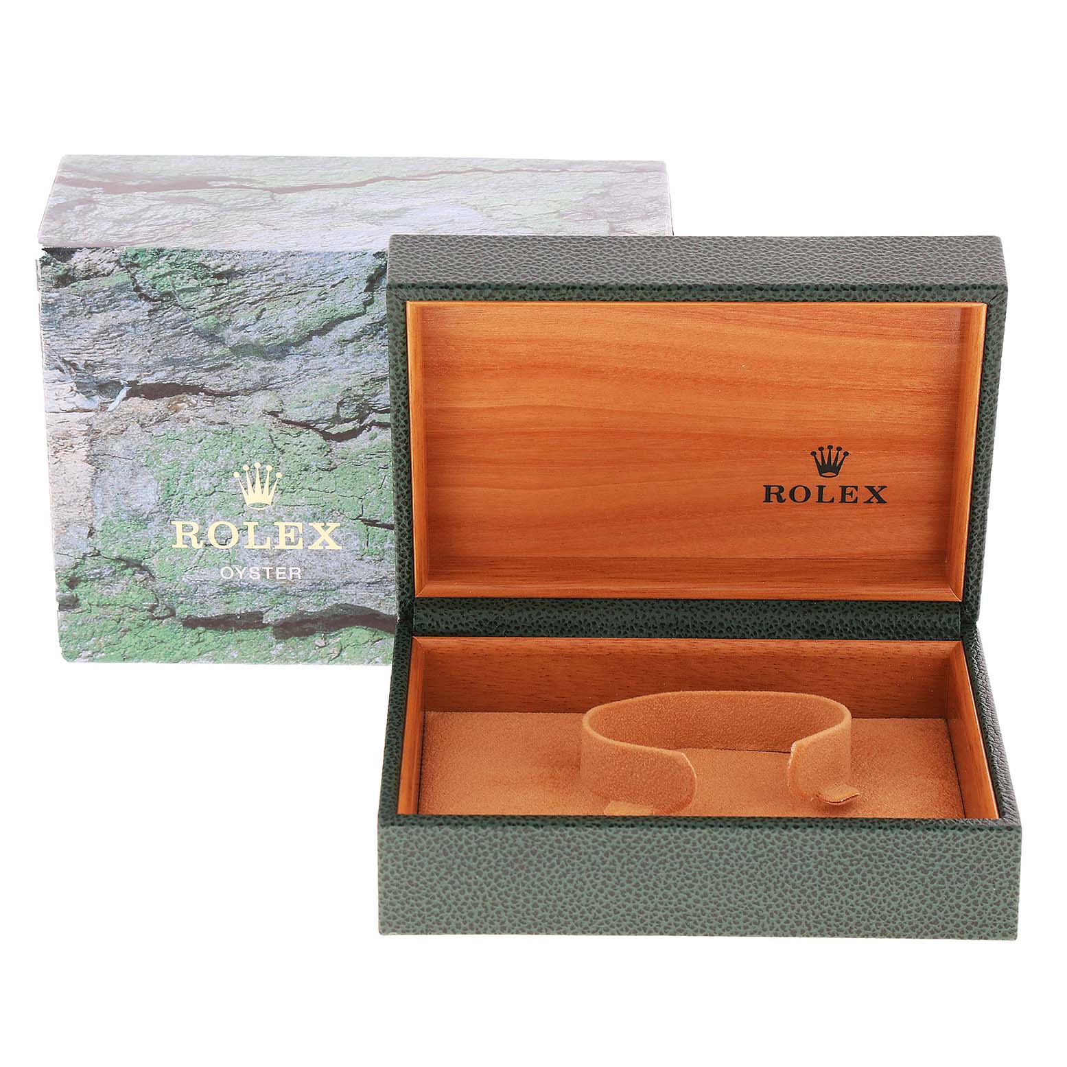 The image shows an open Rolex Date 15200 Men's Stainless Steel Silver Dial 15200 Men's Stainless Steel Silver Dial model watch box with an outer protective sleeve, displaying the interior from a front angle.