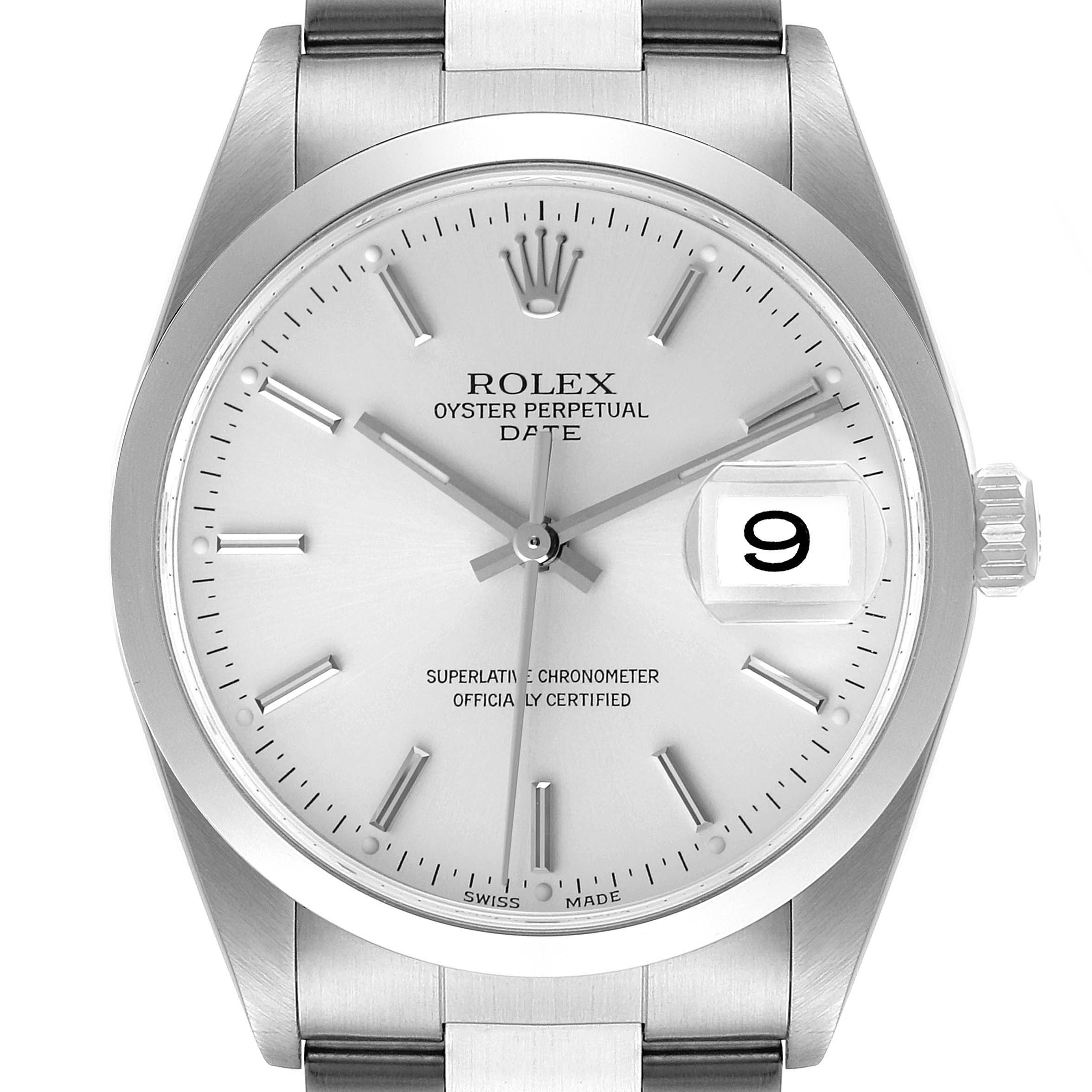 This image shows a front view of a Rolex Oyster Perpetual Date watch, highlighting the dial, hands, and date magnifier.
