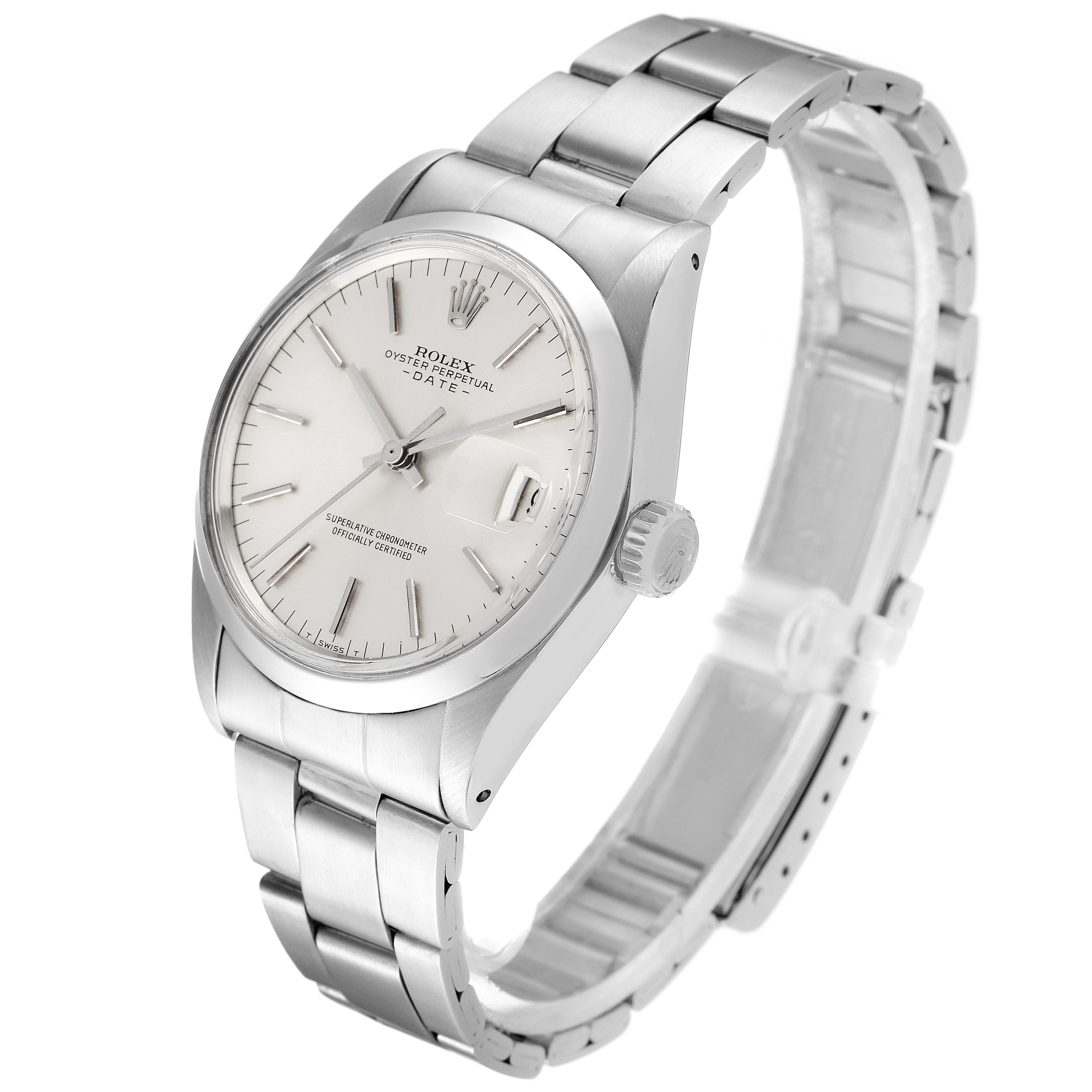 The image shows a Rolex Date 1500 Men's Stainless Steel Silver Dial 1500 Men's Stainless Steel Silver Dial model watch from an angled side view, highlighting the dial, crown, and bracelet.