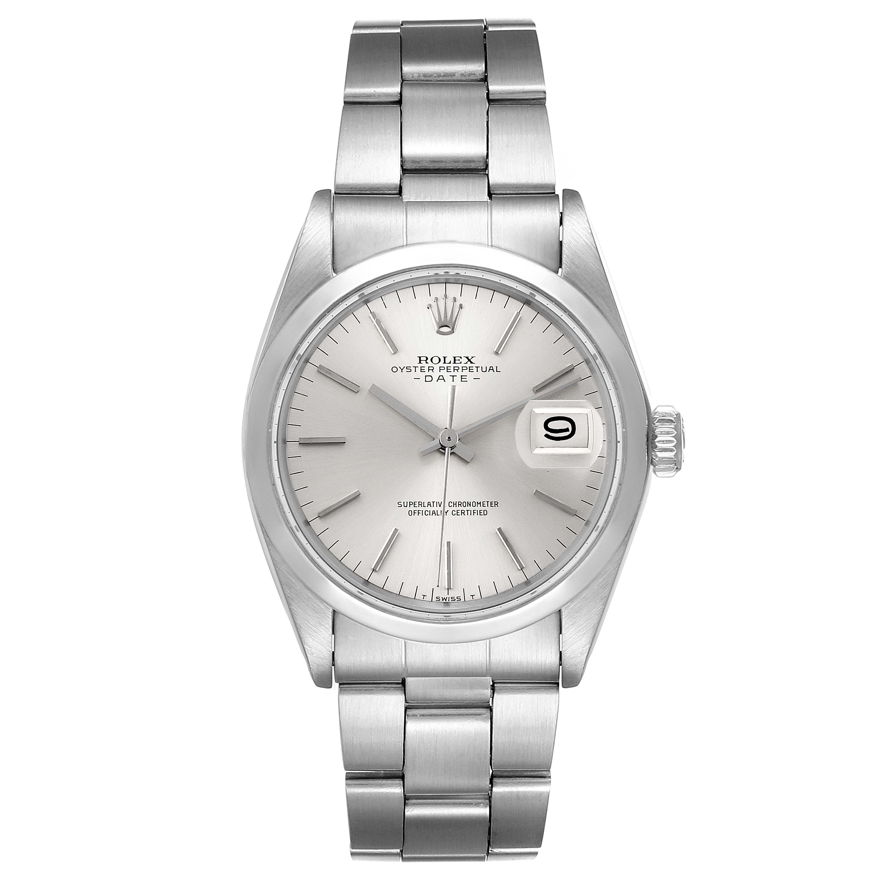 The image shows a Rolex Oyster Perpetual Date watch from the front, displaying the dial, hands, bracelet, and date window.
