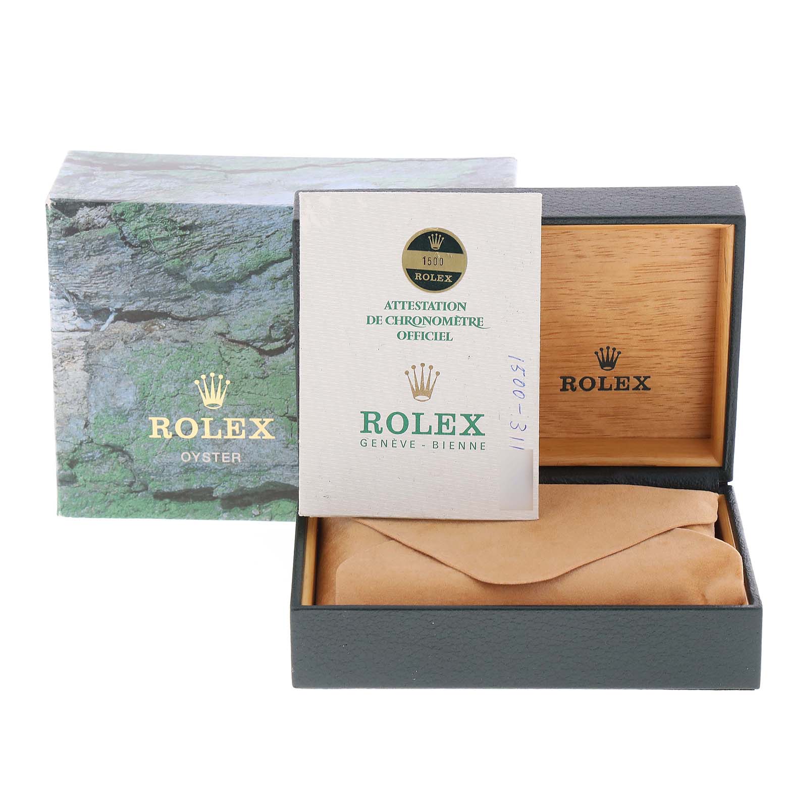 The image shows the packaging, a certificate, and an open box with a pouch for a Rolex Date 1500 Men's Stainless Steel Silver Dial 1500 Men's Stainless Steel Silver Dial model watch.