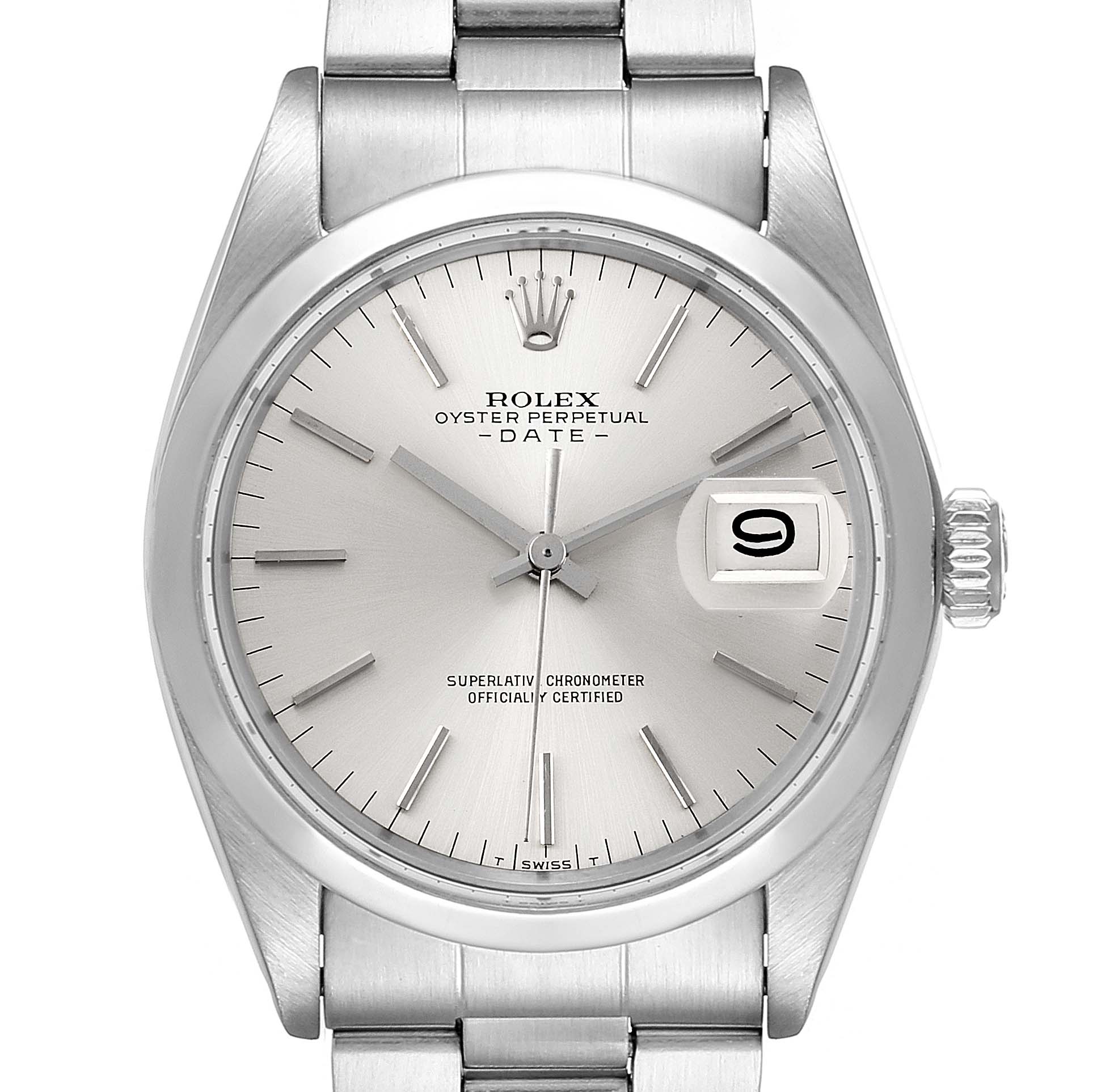 This image shows a front view of a Rolex Date 1500 Men's Stainless Steel Silver Dial 1500 Men's Stainless Steel Silver Dial model watch including the dial, bezel, and part of the bracelet.