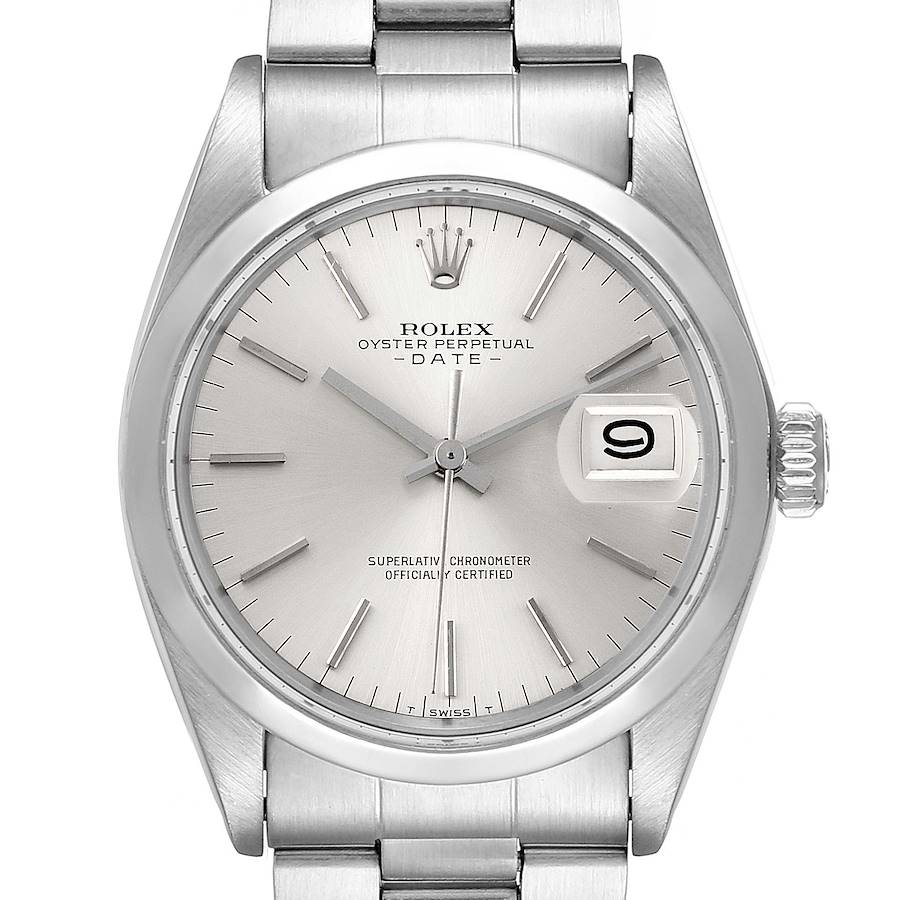 Rolex Date Stainless Steel Silver Dial Vintage Mens Watch 1500 Box Papers SwissWatchExpo