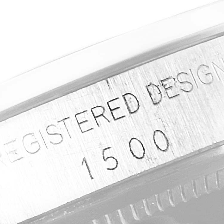 The image shows a close-up of the engraved model number "1500" on the inner bezel of a Rolex Date 1500 Men's Stainless Steel Silver Dial 1500 Men's Stainless Steel Silver Dial watch.