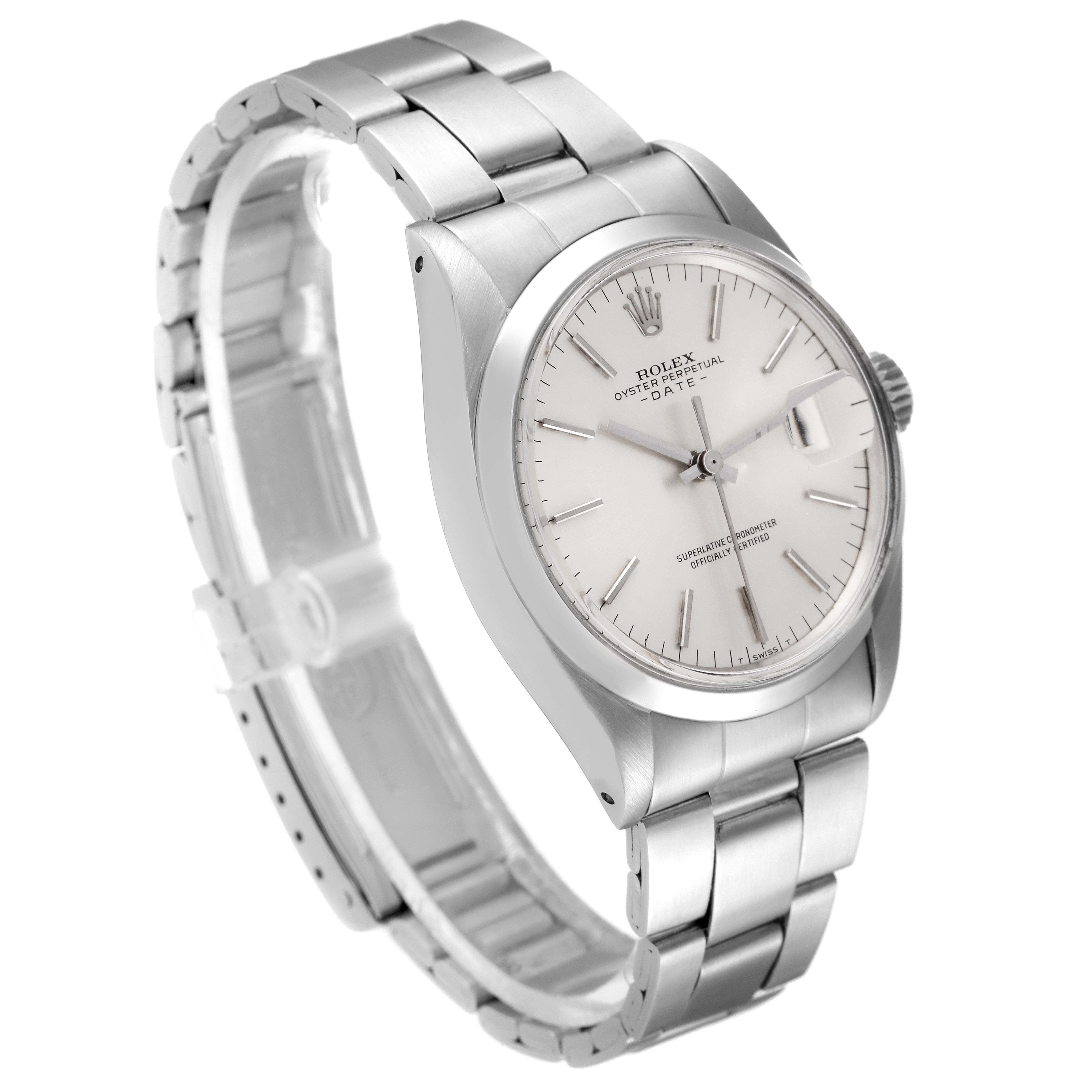 This image shows a Rolex Date 1500 Men's Stainless Steel Silver Dial 1500 Men's Stainless Steel Silver Dial model watch at an angle revealing the face, bracelet, and crown.