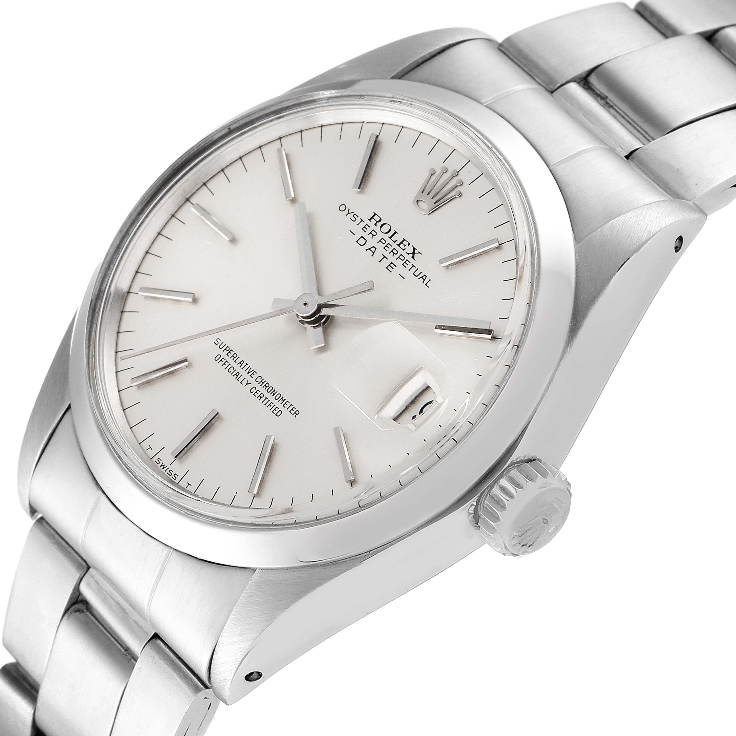 This Rolex Date 1500 Men's Stainless Steel Silver Dial 1500 Men's Stainless Steel Silver Dial model watch is shown from a slight side angle, displaying the dial, crown, and part of the bracelet.