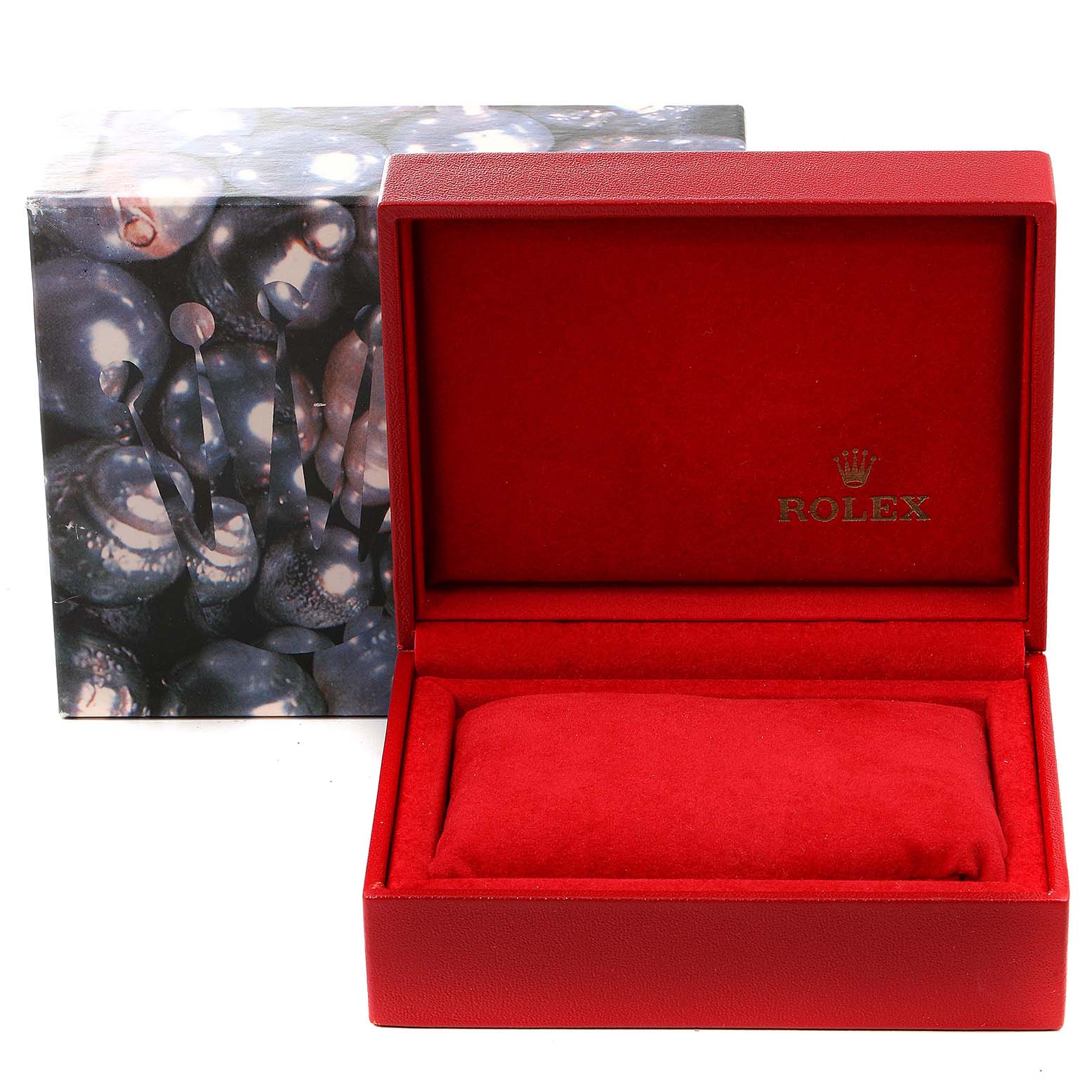 The image shows an open red Rolex Datejust 79173 Women's Steel and Gold (two tone) Mother of Pearl Dial 79173 Women's Steel and Gold (two tone) Mother of Pearl Dial watch box with a cushion, and a closed outer box in the background.