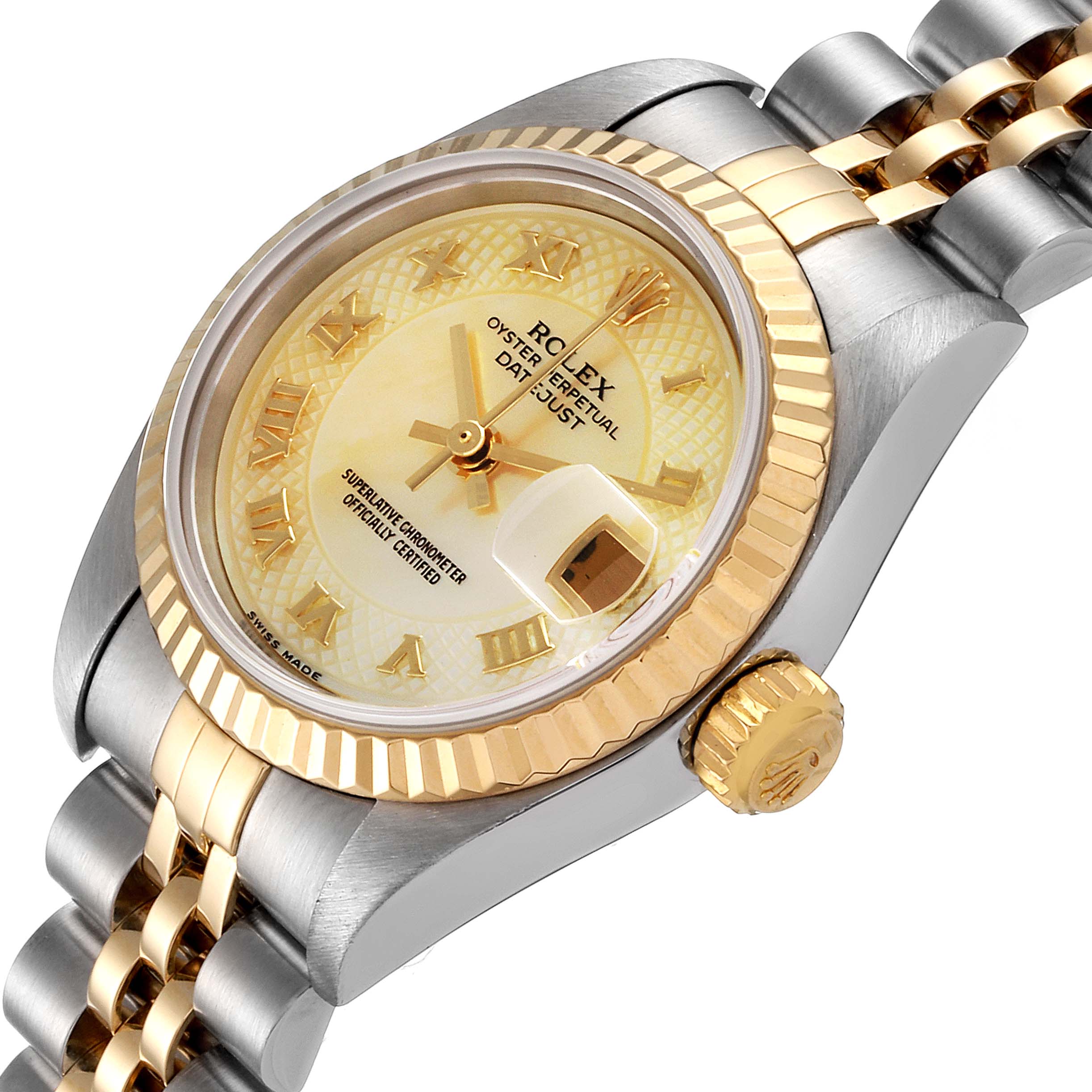 This image shows a close-up, angled view of a Rolex Datejust 79173 Women's Steel and Gold (two tone) Mother of Pearl Dial 79173 Women's Steel and Gold (two tone) Mother of Pearl Dial watch, highlighting the dial, bezel, crown, and part of the bracelet.
