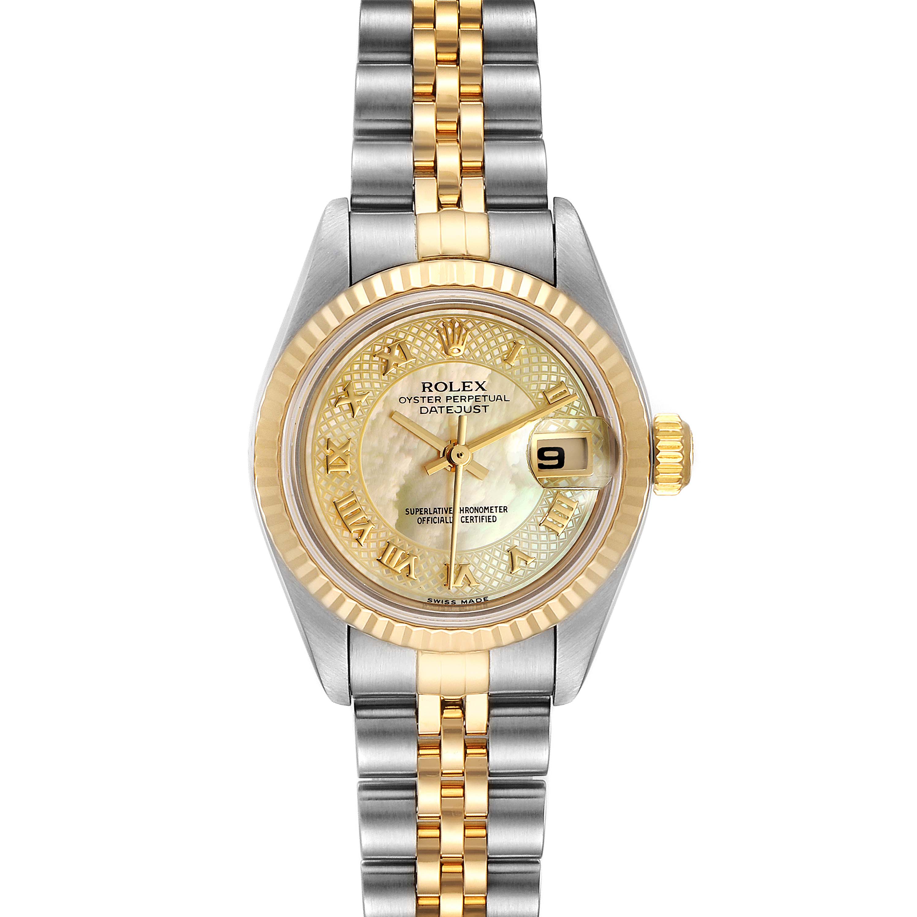 This image shows a Rolex Datejust 79173 Women's Steel and Gold (two tone) Mother of Pearl Dial 79173 Women's Steel and Gold (two tone) Mother of Pearl Dial watch from a top-down angle, highlighting its two-tone bracelet, gold bezel, and date window.
