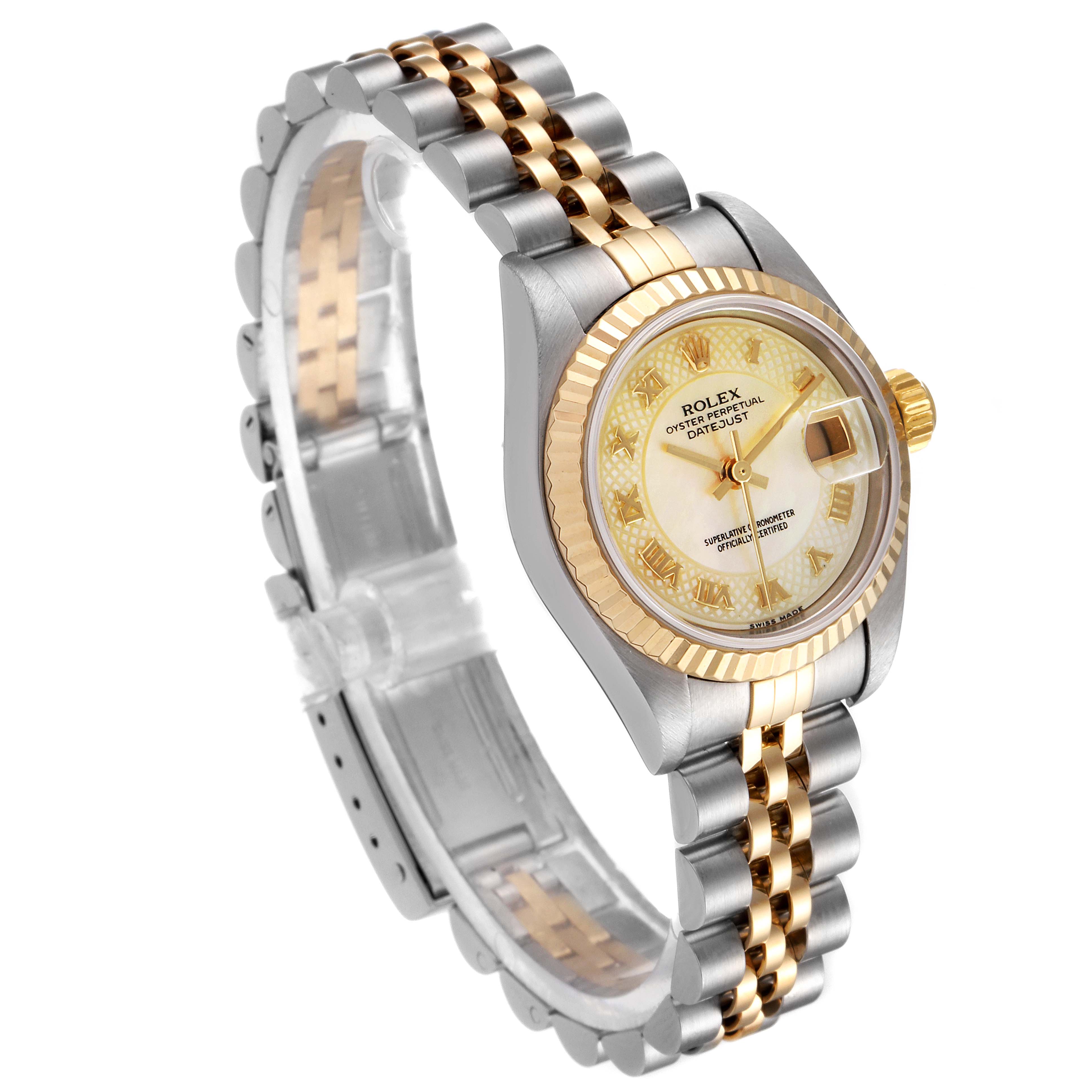 The image shows a Rolex Datejust 79173 Women's Steel and Gold (two tone) Mother of Pearl Dial 79173 Women's Steel and Gold (two tone) Mother of Pearl Dial watch at an angle highlighting its two-tone metal bracelet, gold fluted bezel, and dial with date window.