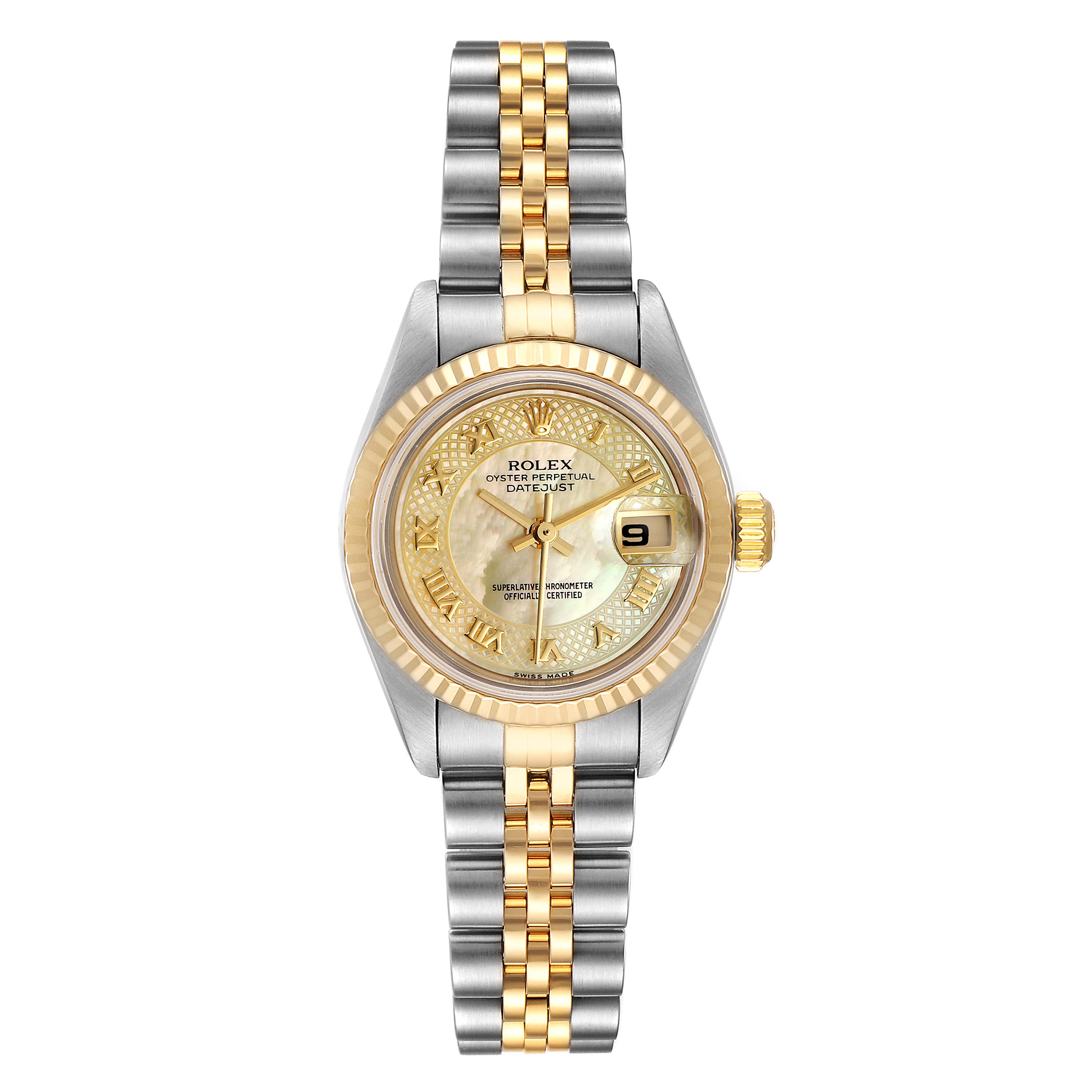 The image shows a frontal view of a Rolex Datejust 79173 Women's Steel and Gold (two tone) Mother of Pearl Dial 79173 Women's Steel and Gold (two tone) Mother of Pearl Dial watch, highlighting the face, bezel, and two-tone metal bracelet.