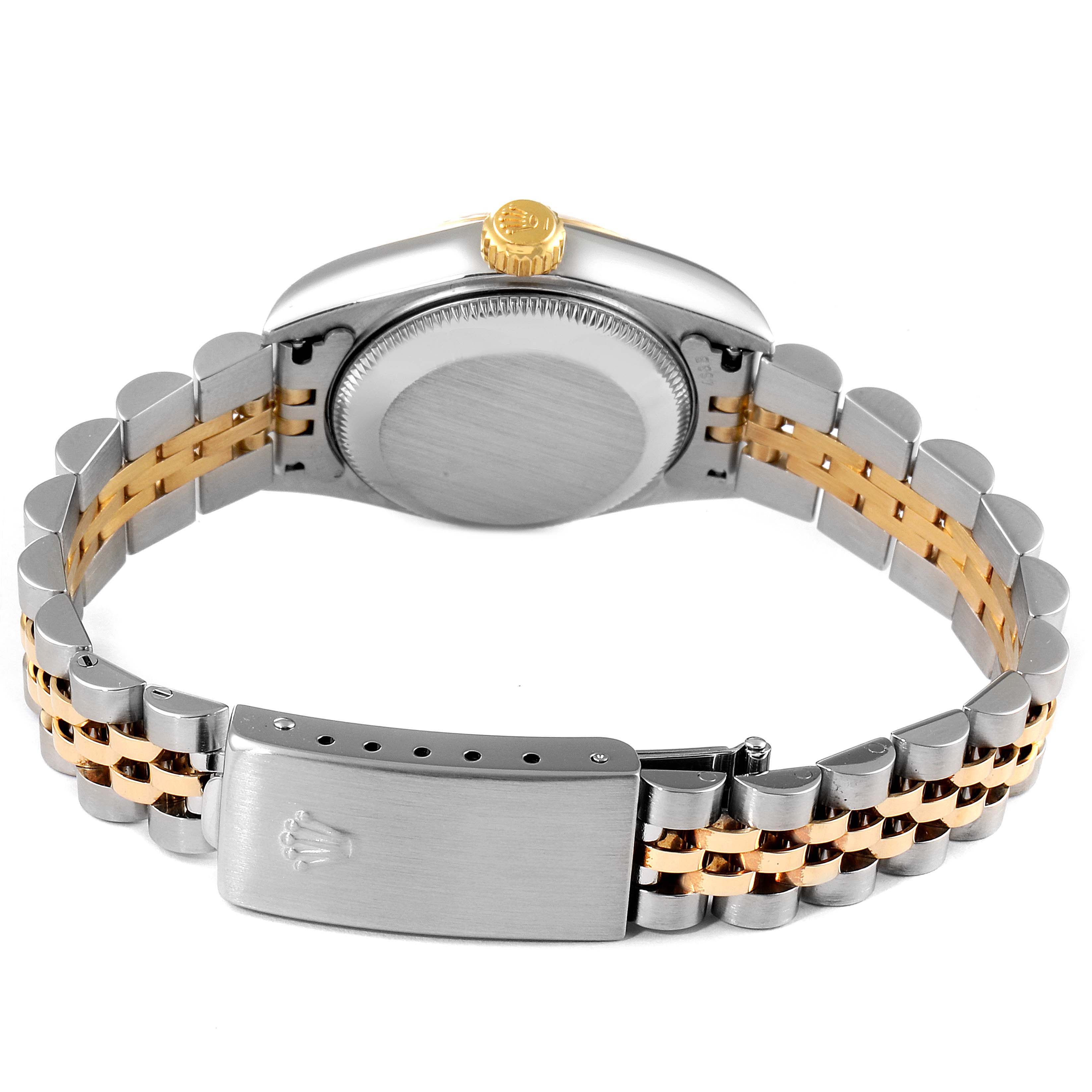 This image shows the back and clasp of a Rolex Datejust 79173 Women's Steel and Gold (two tone) Mother of Pearl Dial 79173 Women's Steel and Gold (two tone) Mother of Pearl Dial watch, highlighting the two-tone bracelet and crown.