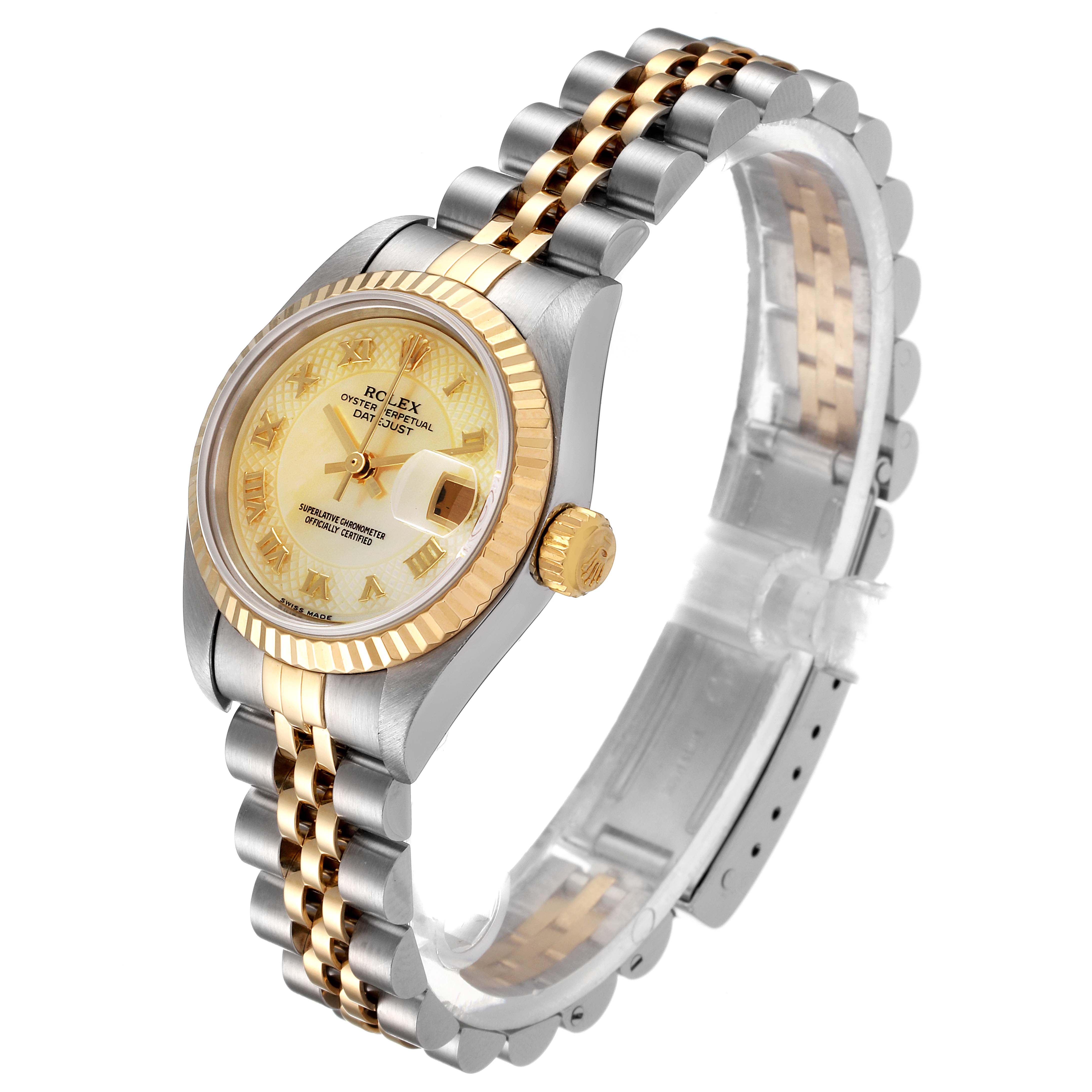 This Rolex Datejust 79173 Women's Steel and Gold (two tone) Mother of Pearl Dial 79173 Women's Steel and Gold (two tone) Mother of Pearl Dial watch is shown from a slightly elevated side angle, showcasing its dial, fluted bezel, and two-tone bracelet.