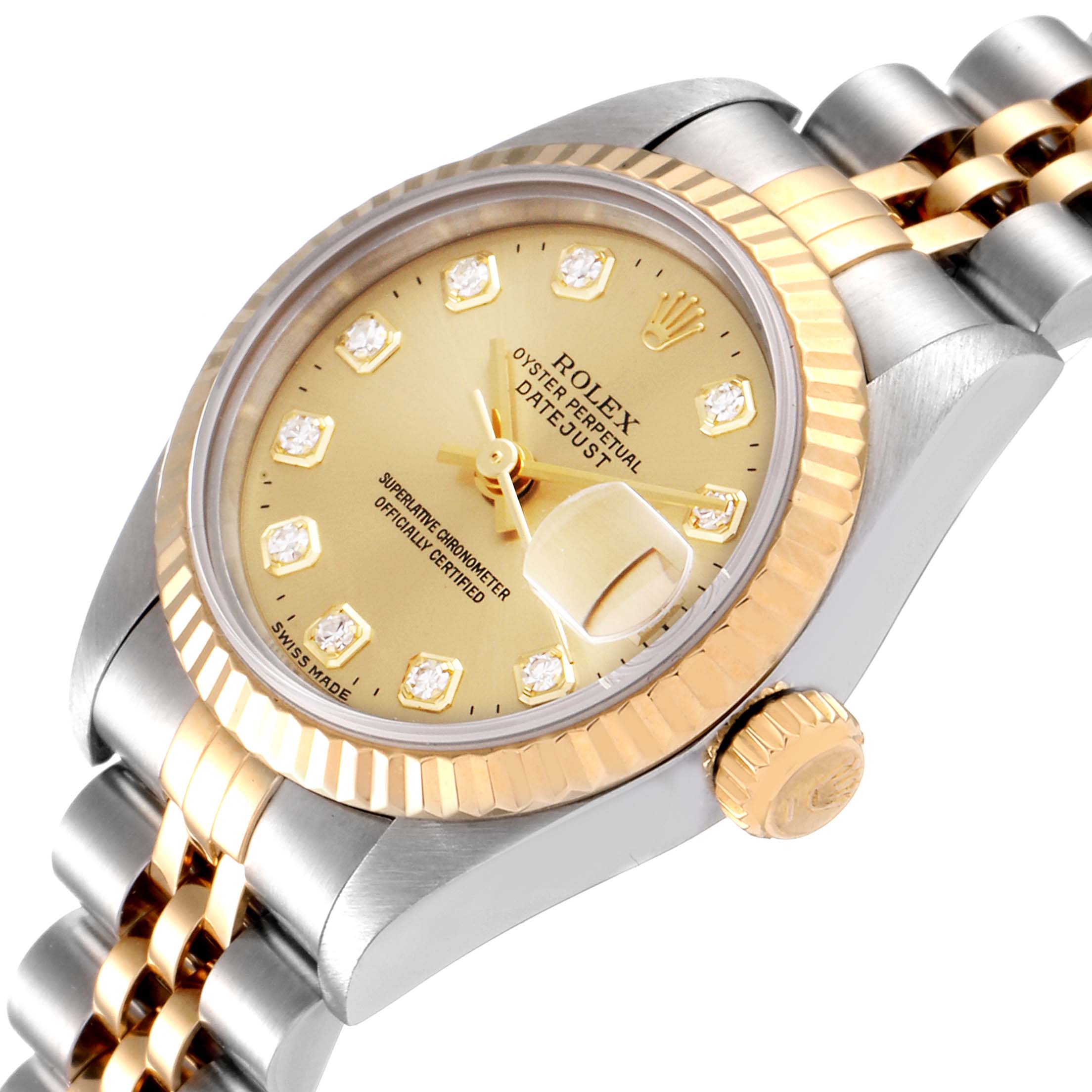 The image shows a close-up angle of the Rolex Datejust 69173 Women's Steel and Gold (two tone) Champagne Dial 69173 Women's Steel and Gold (two tone) Champagne Dial watch, highlighting its dial, bezel, crown, and part of the bracelet.