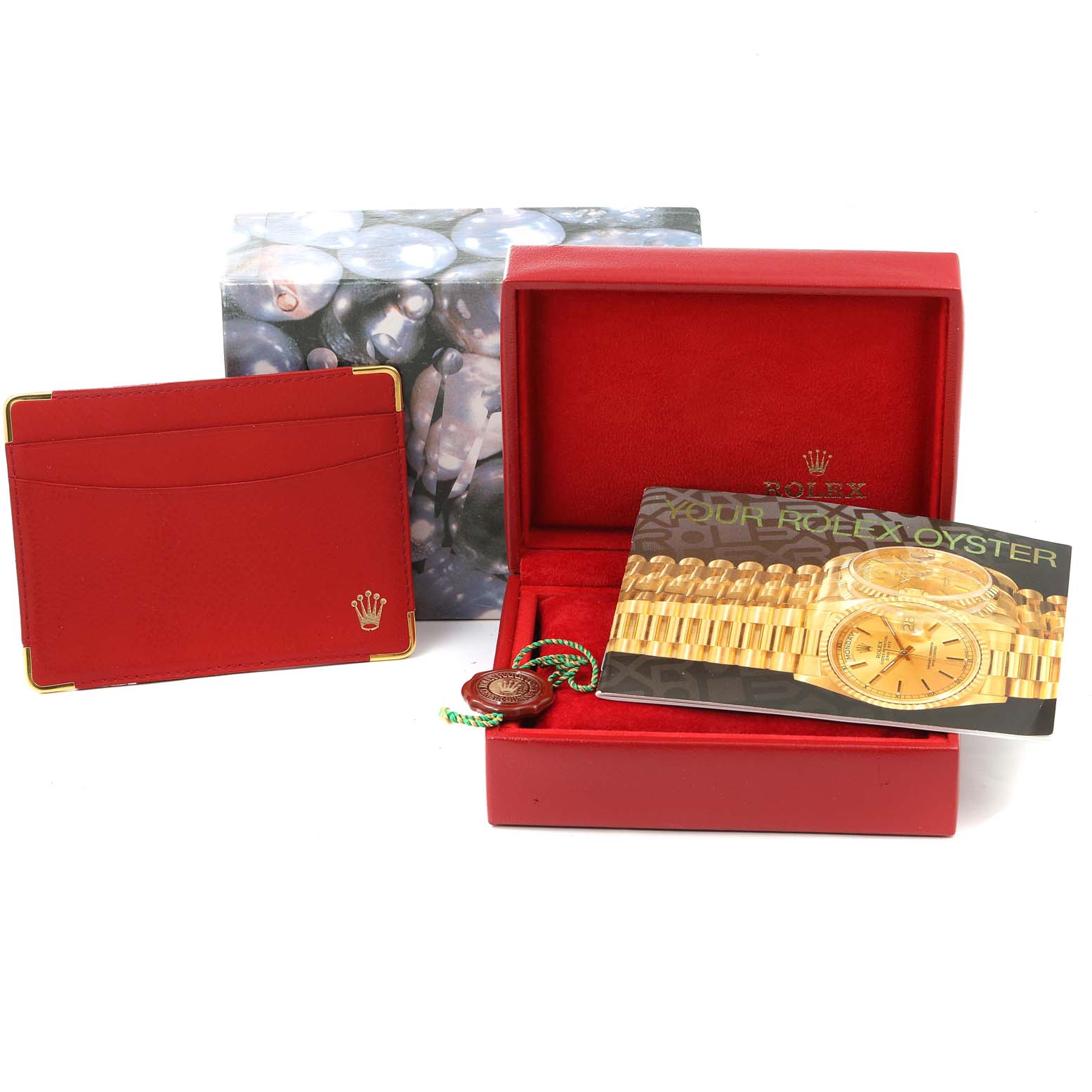 The image shows a Rolex Datejust 69173 Women's Steel and Gold (two tone) Champagne Dial 69173 Women's Steel and Gold (two tone) Champagne Dial watch box set, including the box, booklet, cardholder, and tags from a frontal angle.