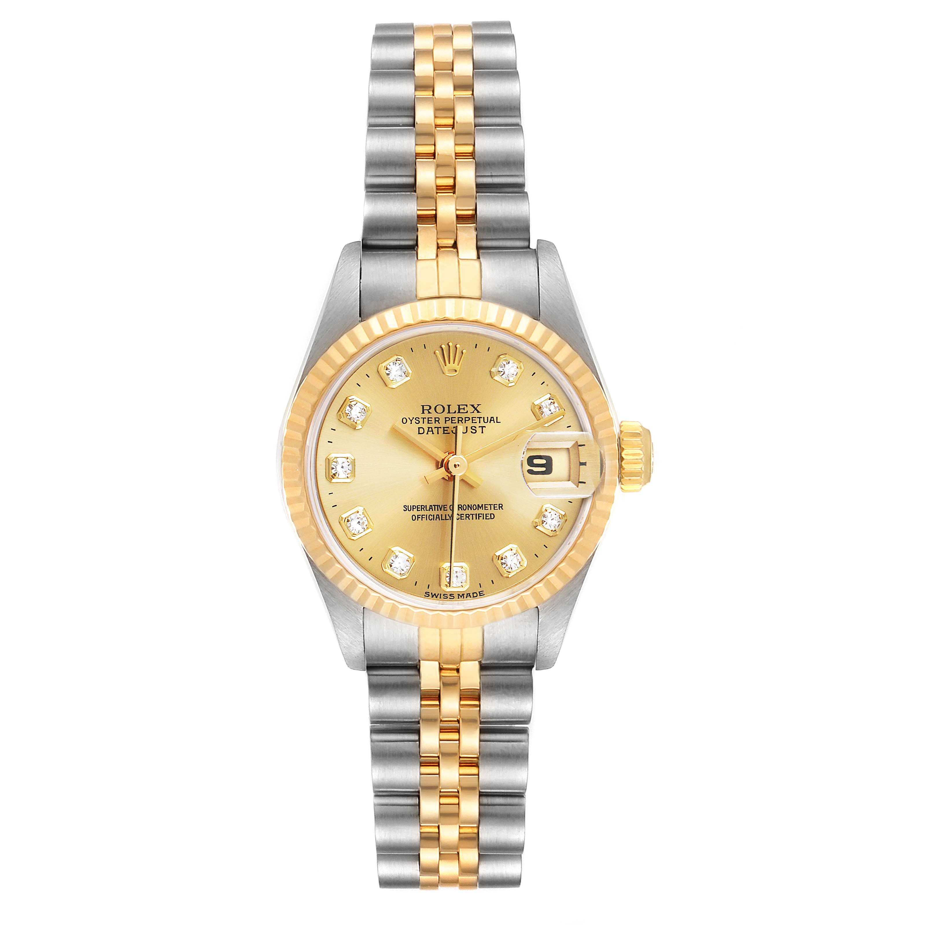 This image shows a frontal view of a Rolex Datejust 69173 Women's Steel and Gold (two tone) Champagne Dial 69173 Women's Steel and Gold (two tone) Champagne Dial watch, displaying its dial, bezel, crown, and two-tone bracelet.