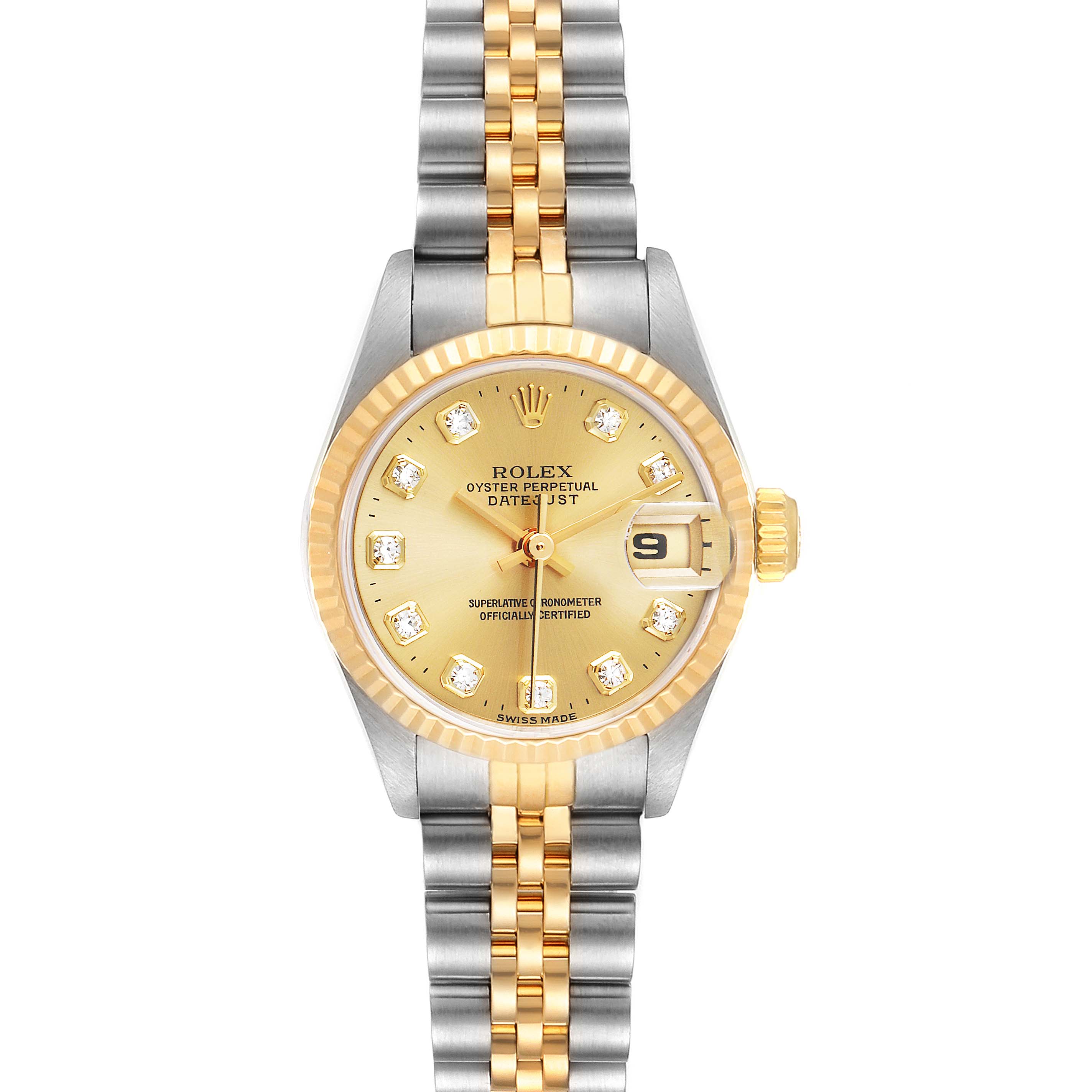 The image shows a front angle view of a Rolex Datejust 69173 Women's Steel and Gold (two tone) Champagne Dial 69173 Women's Steel and Gold (two tone) Champagne Dial watch featuring a two-tone bracelet, gold dial, and fluted bezel.