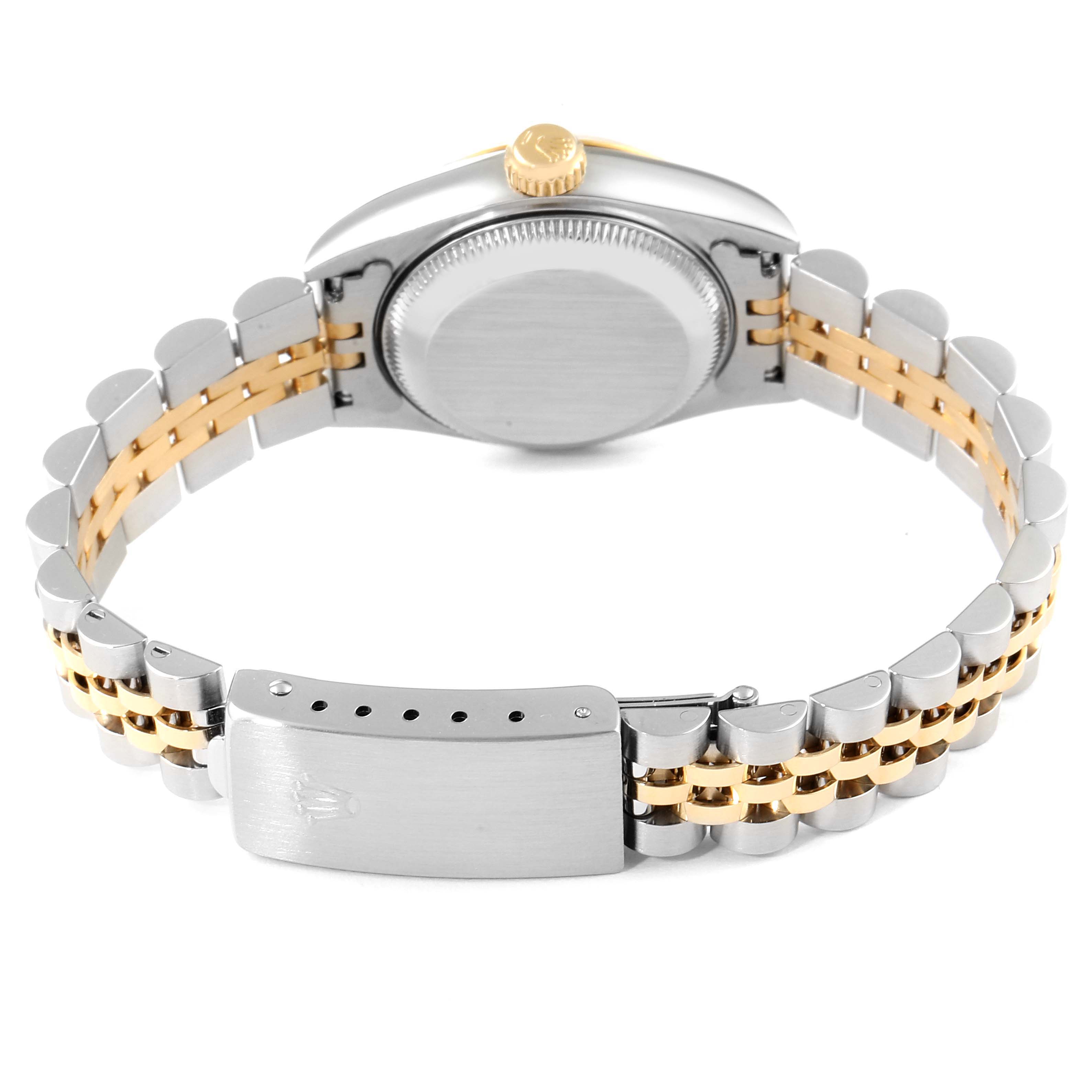 The image shows the back and bracelet of a Rolex Datejust 69173 Women's Steel and Gold (two tone) Champagne Dial 69173 Women's Steel and Gold (two tone) Champagne Dial watch, highlighting the clasp and dual-tone links.