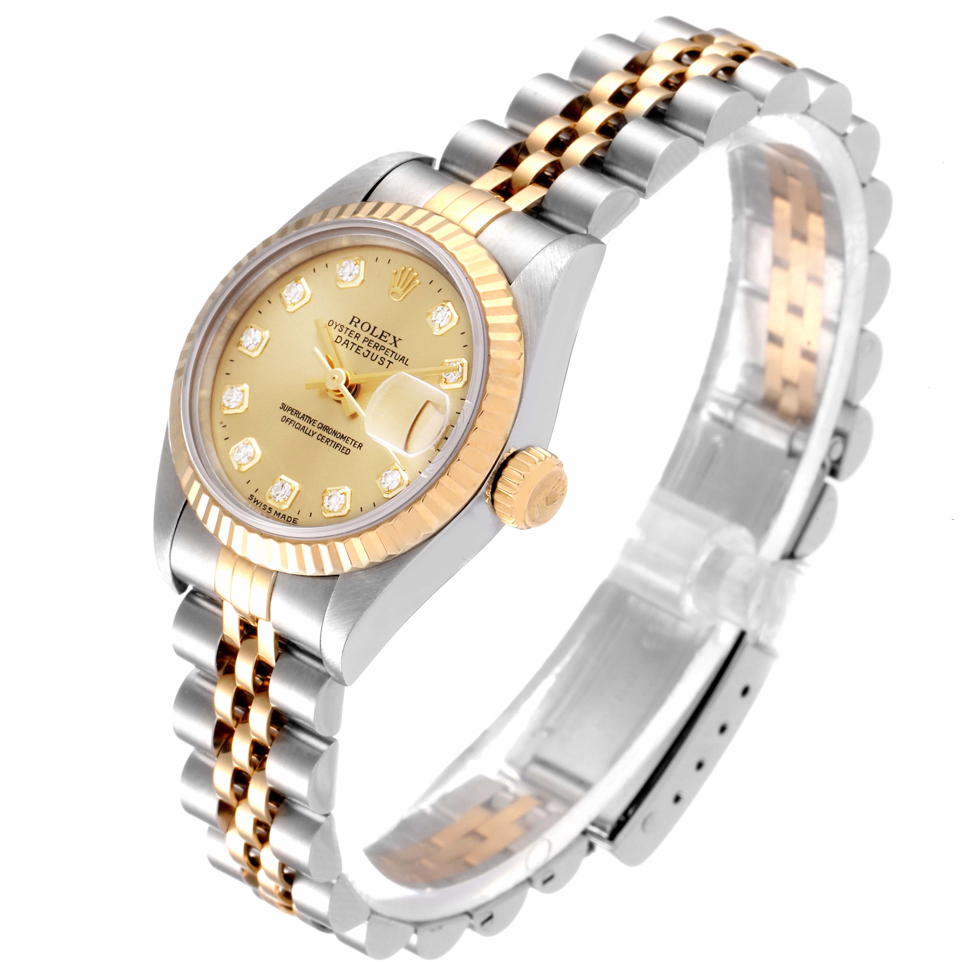 The image shows a Rolex Datejust 69173 Women's Steel and Gold (two tone) Champagne Dial 69173 Women's Steel and Gold (two tone) Champagne Dial watch at an angled view, displaying the dial, bezel, bracelet, and crown.