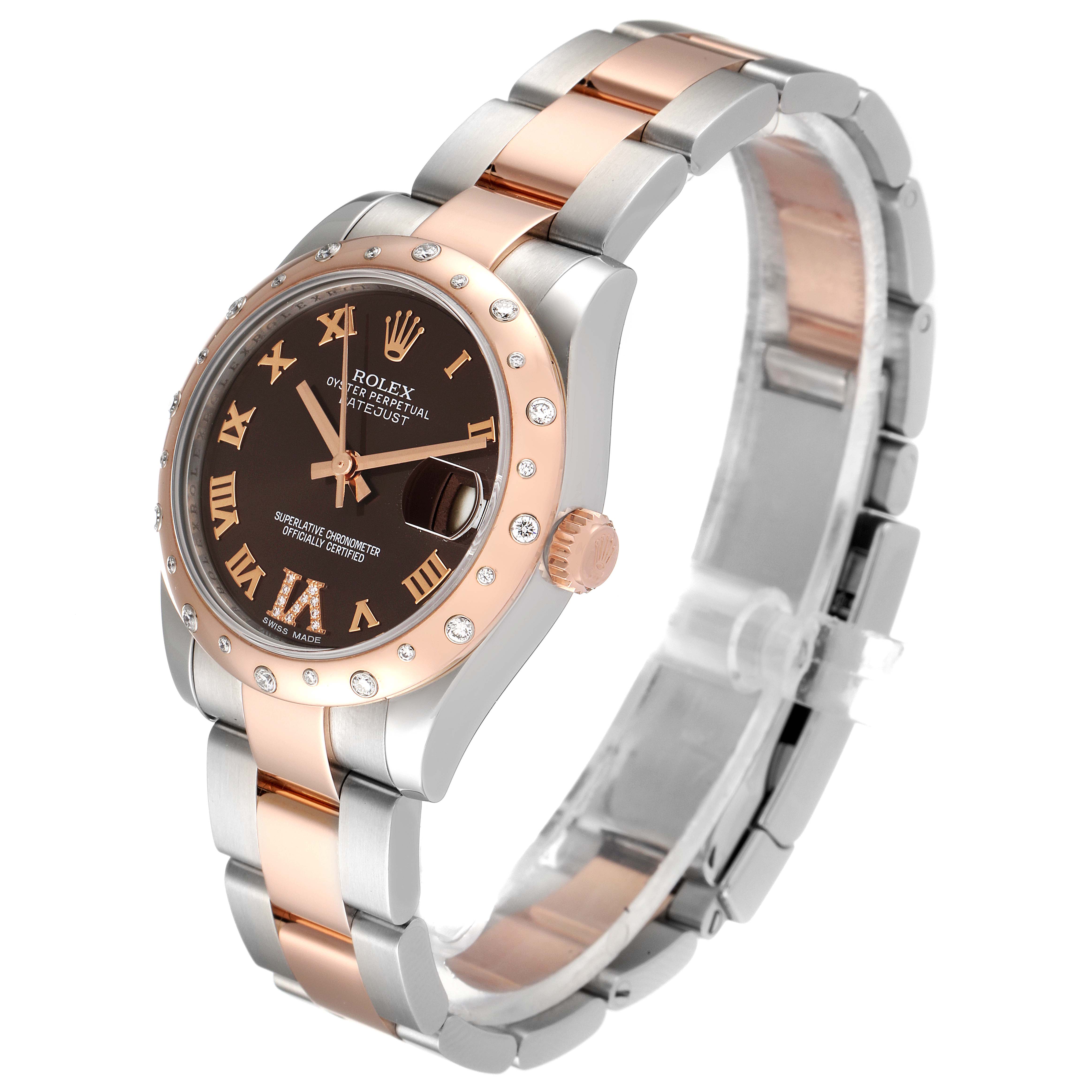 The image shows a Rolex Mid-Size 178341 Women's Steel and Gold (two tone) Brown Dial 178341 Women's Steel and Gold (two tone) Brown Dial model watch at a three-quarter angle, highlighting the dial, bezel, and bracelet.