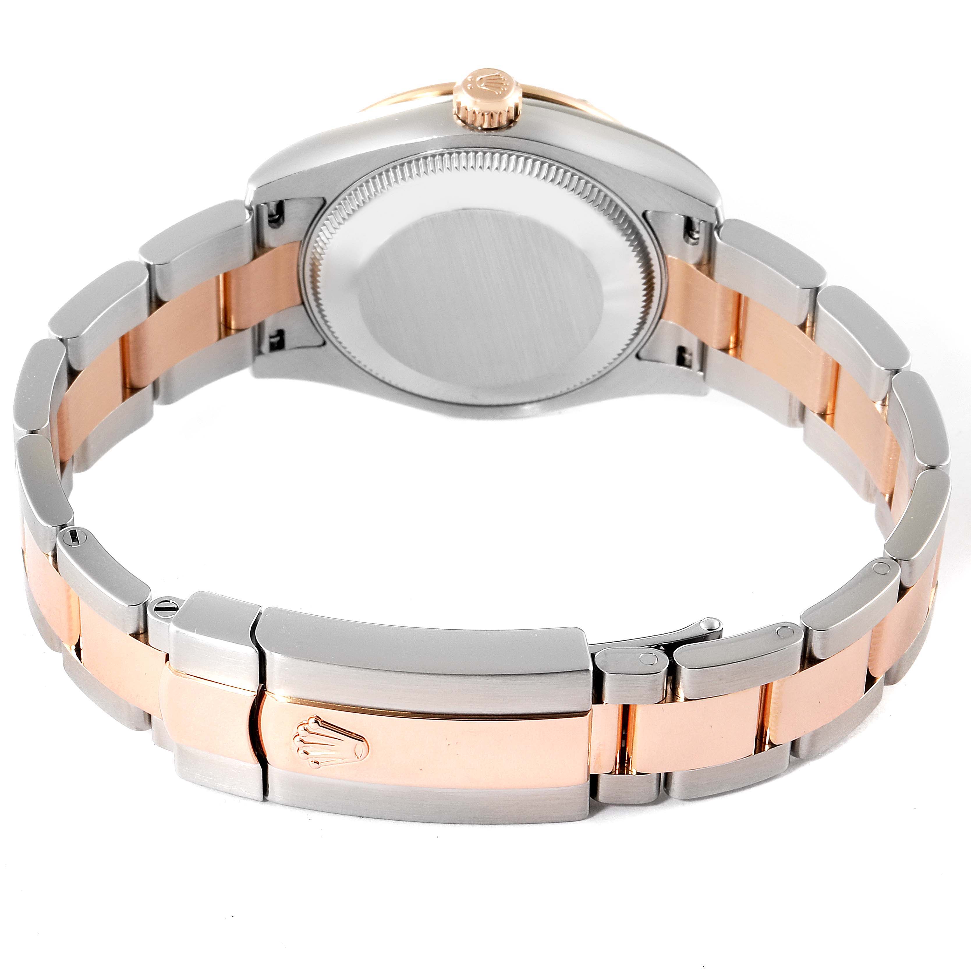 The image shows the back view of a Rolex Mid-Size 178341 Women's Steel and Gold (two tone) Brown Dial 178341 Women's Steel and Gold (two tone) Brown Dial watch, focusing on the case back, crown, and two-tone bracelet clasp.