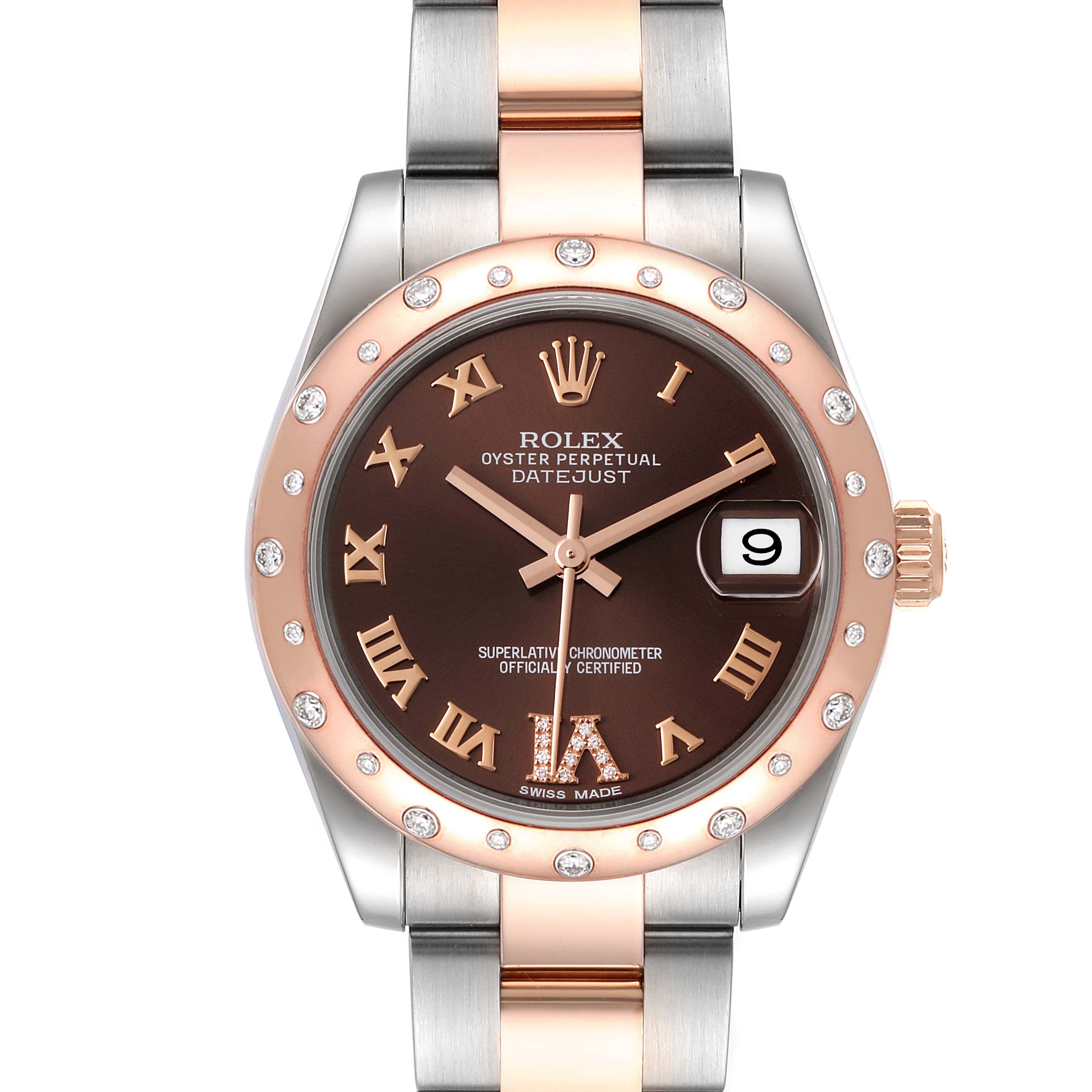 The photo shows a front view of a Rolex Mid-Size 178341 Women's Steel and Gold (two tone) Brown Dial 178341 Women's Steel and Gold (two tone) Brown Dial Datejust watch, highlighting its chocolate dial, diamond bezel, and two-tone bracelet.