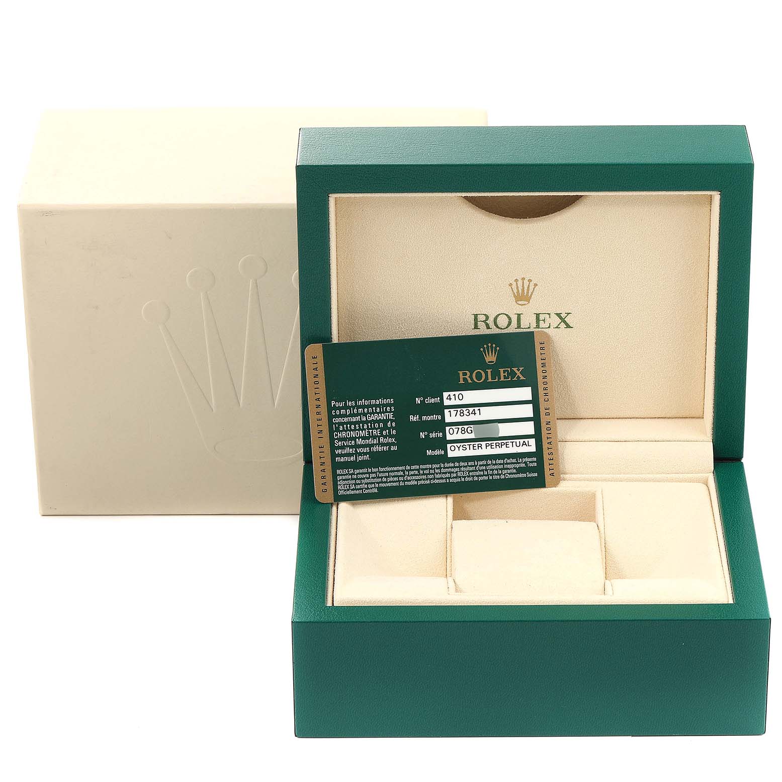 The image shows the packaging and warranty card for a Rolex Mid-Size 178341 Women's Steel and Gold (two tone) Brown Dial 178341 Women's Steel and Gold (two tone) Brown Dial Oyster Perpetual watch.