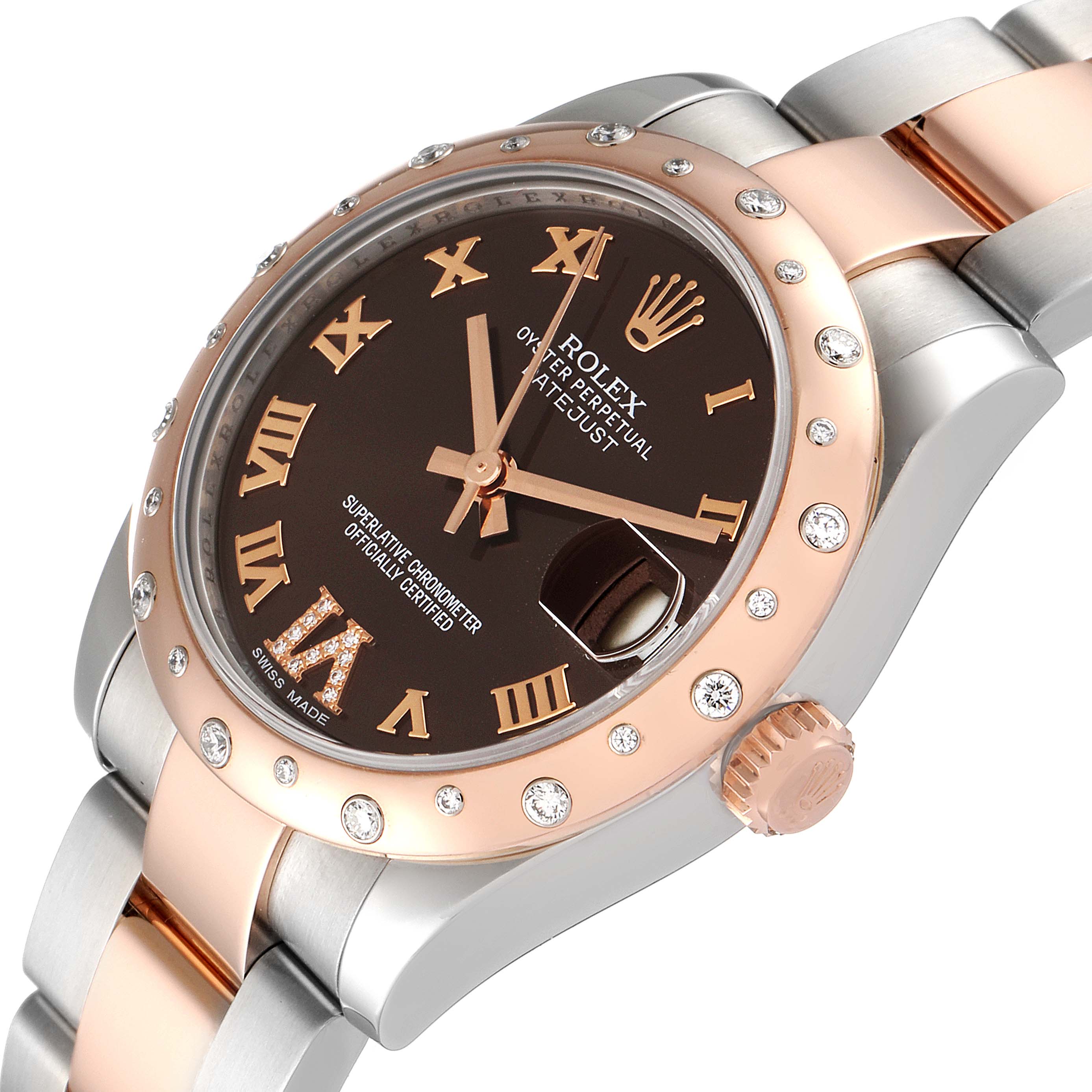 The image shows a close-up angled view of a Rolex Mid-Size 178341 Women's Steel and Gold (two tone) Brown Dial 178341 Women's Steel and Gold (two tone) Brown Dial watch, highlighting its face, bezel, and part of the band.