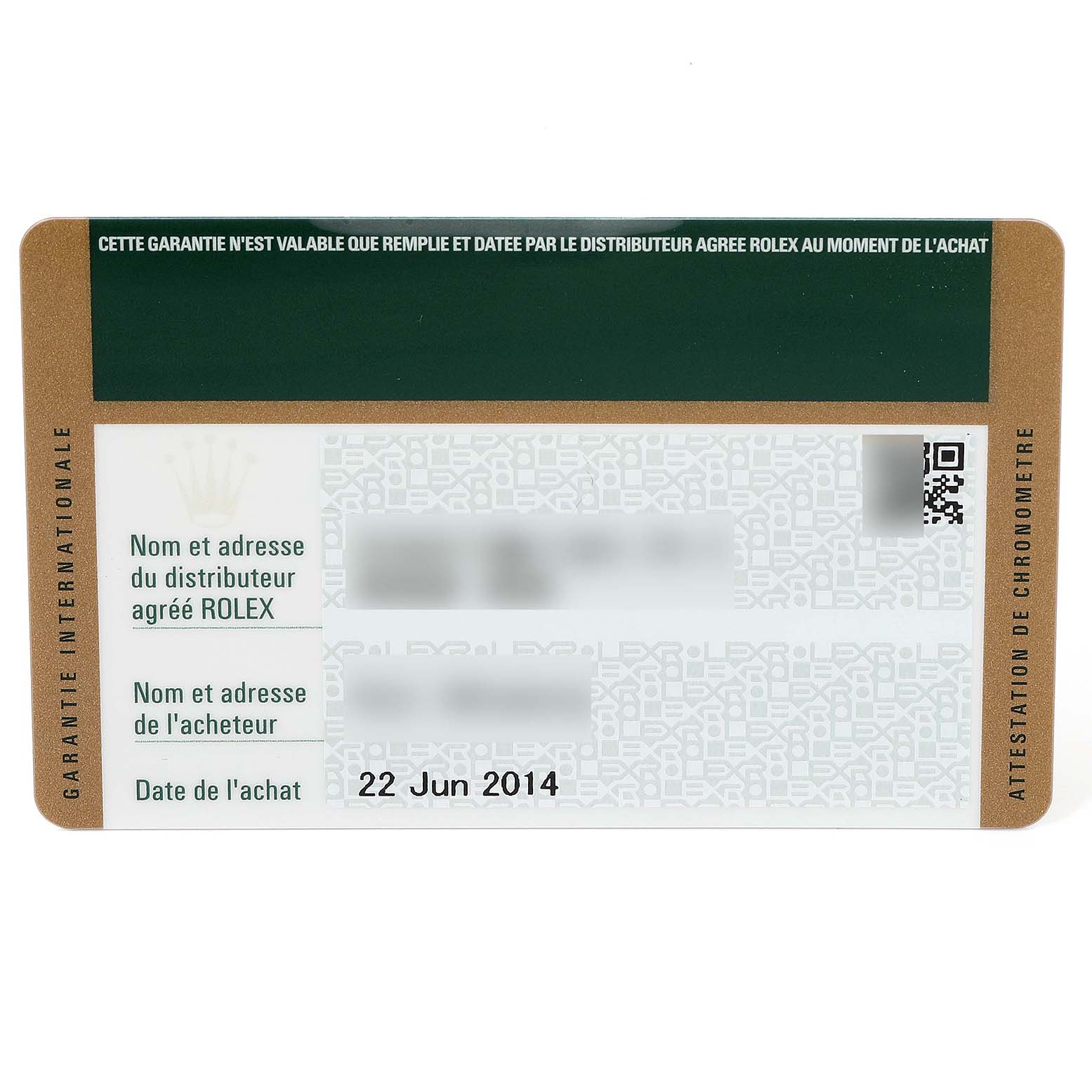 This image shows a warranty card for a Mid-Size Rolex watch, dated 22 Jun 2014.