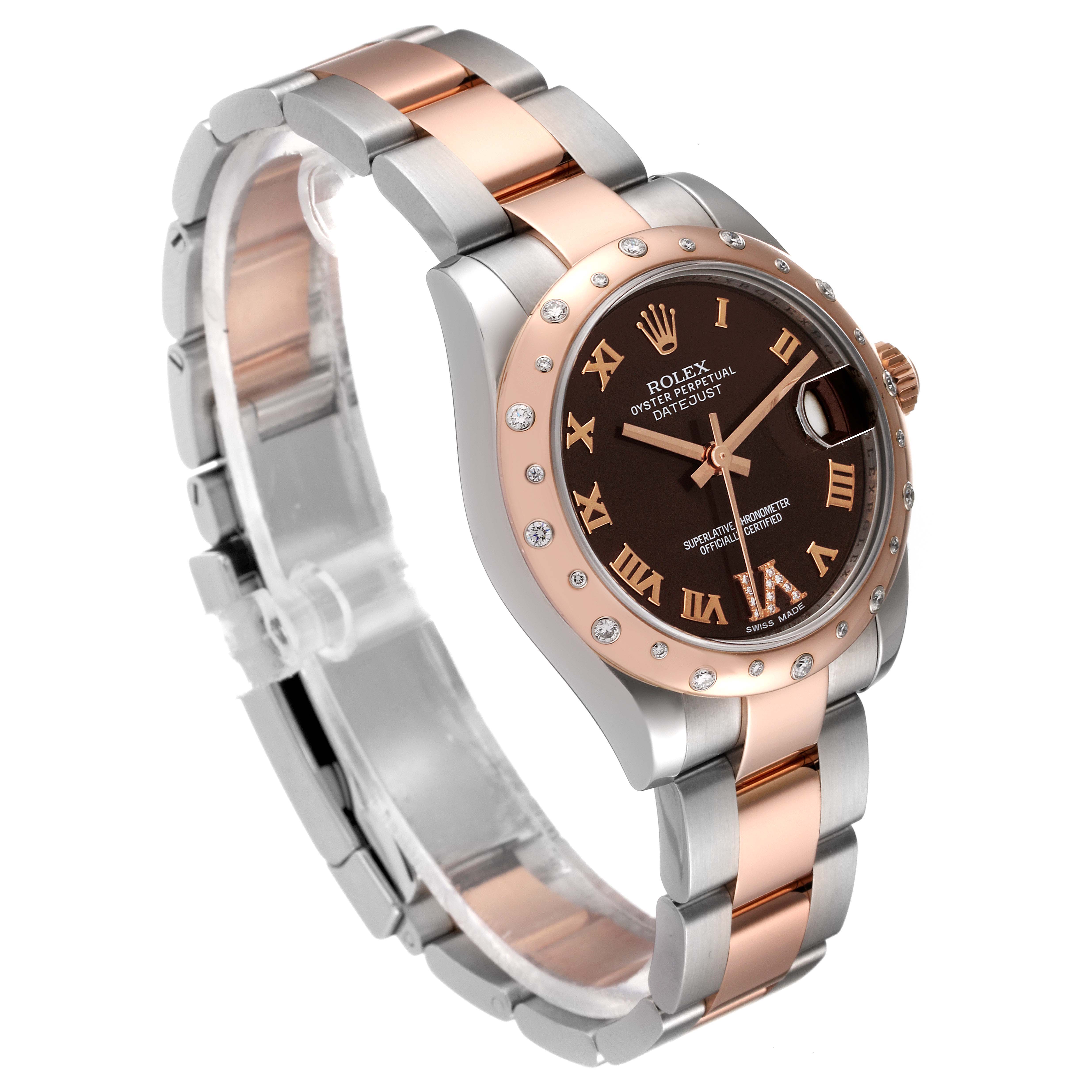 This image shows a side angle of a Rolex Mid-Size 178341 Women's Steel and Gold (two tone) Brown Dial 178341 Women's Steel and Gold (two tone) Brown Dial Datejust watch featuring a two-tone bracelet and diamond-studded bezel.