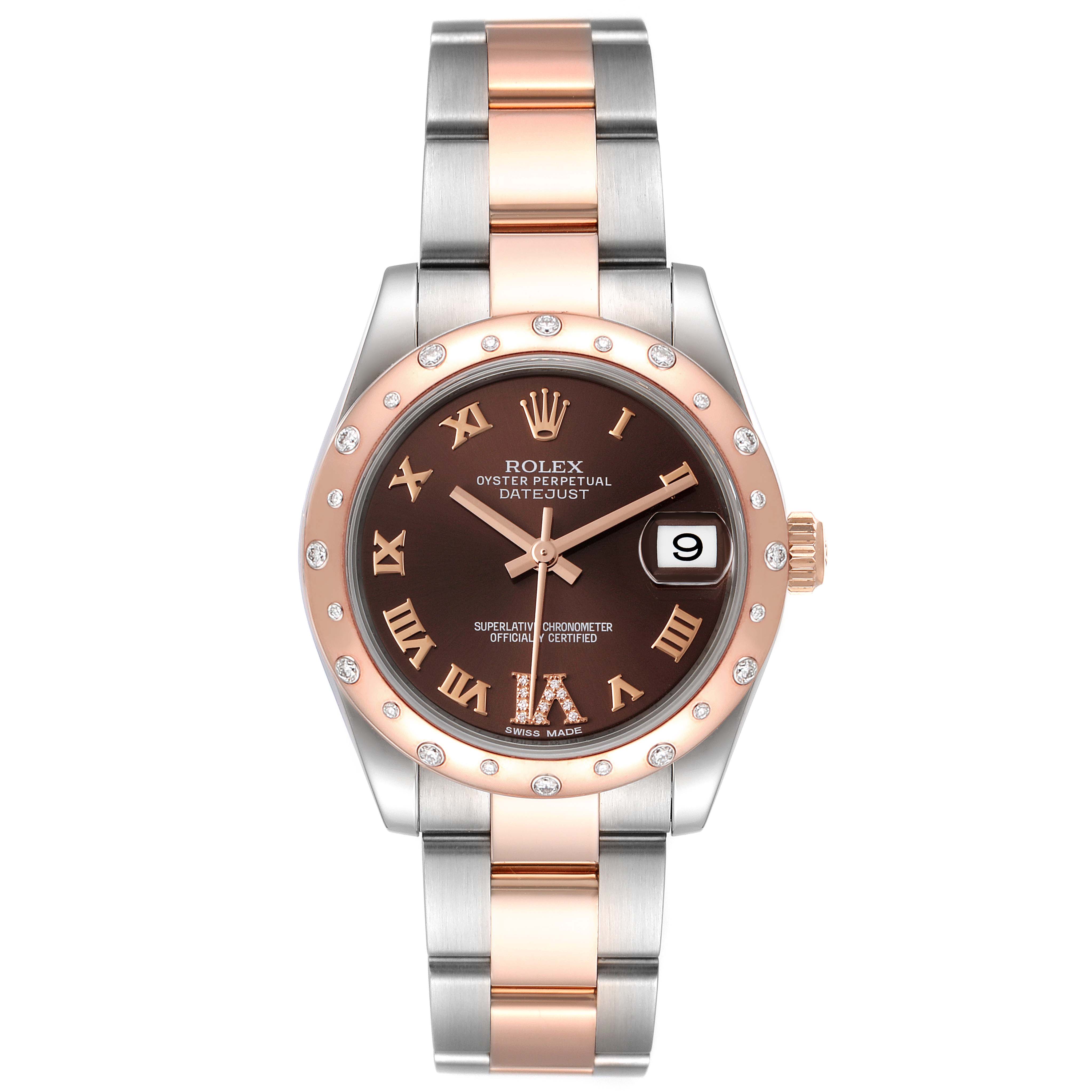 The image shows a Rolex Datejust Mid-Size watch, displayed from a top-down view, highlighting the dial, bezel, and bracelet.