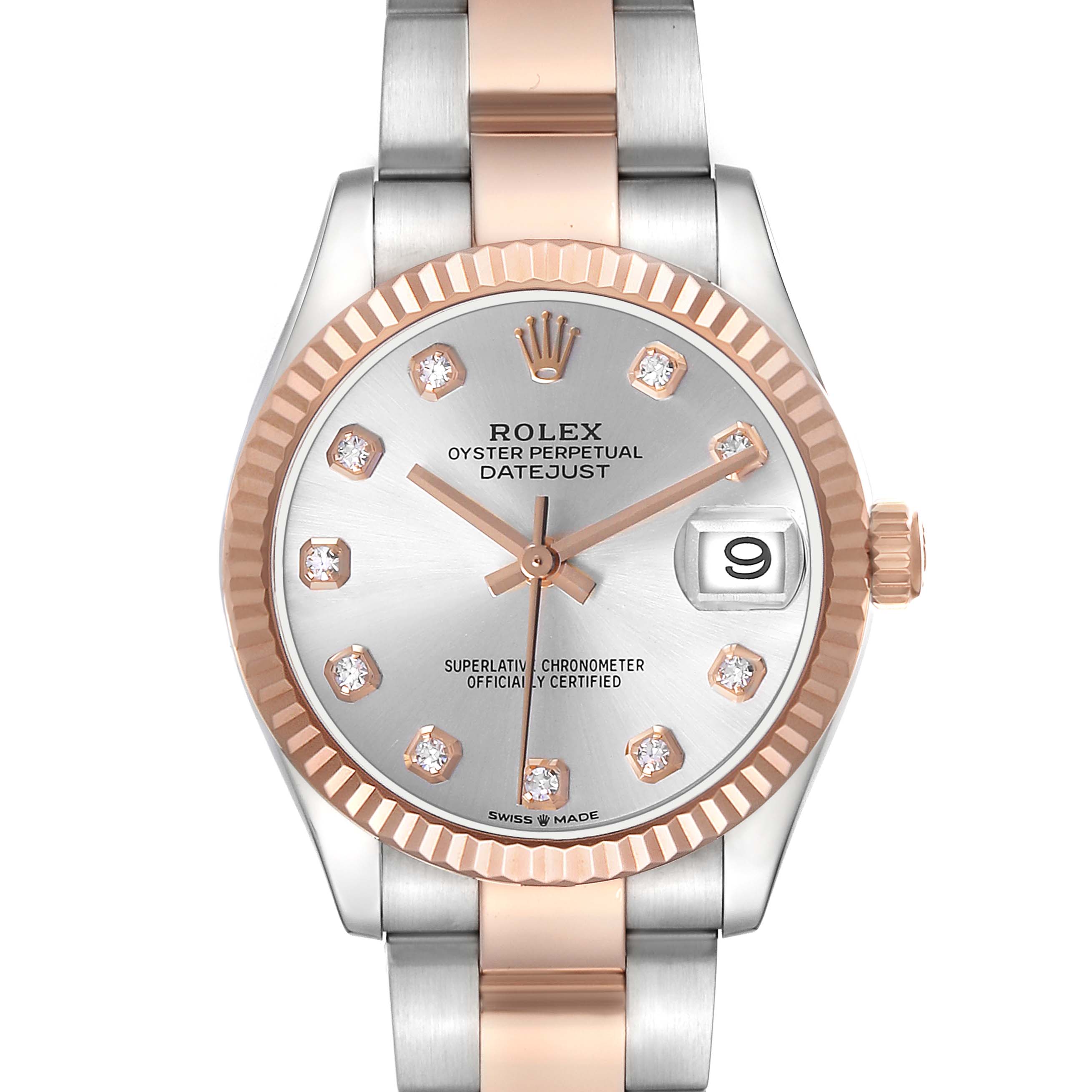 The Rolex Mid-Size 278271 Women's Steel and Gold (two tone) Silver Dial Datejust watch is shown from the front, highlighting its face, bezel, hour markers, and part of the bracelet.