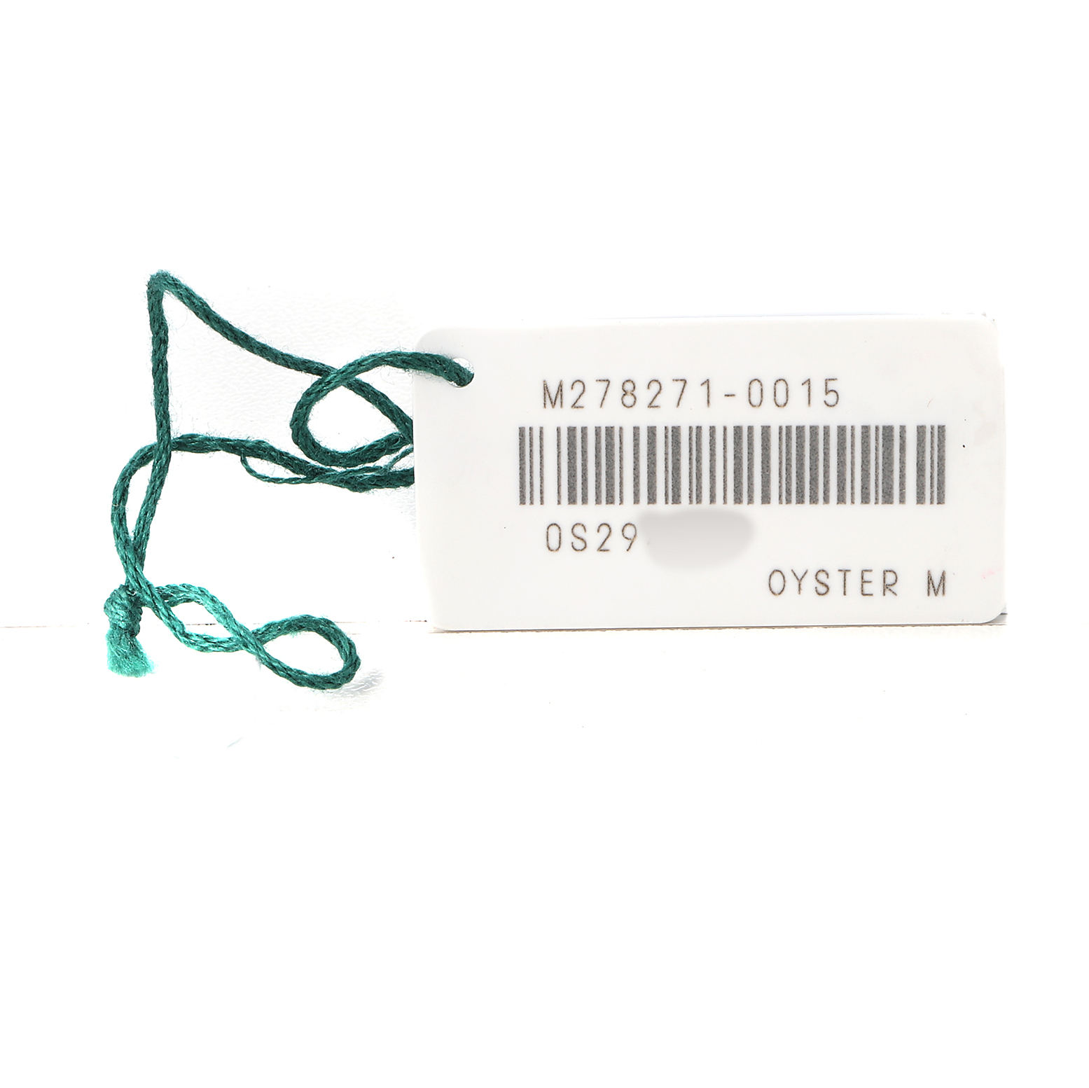 The image shows a green string with a tag labeled "M278271-0015" for a Rolex Mid-Size 278271 Women's Steel and Gold (two tone) Silver Dial model accessory.