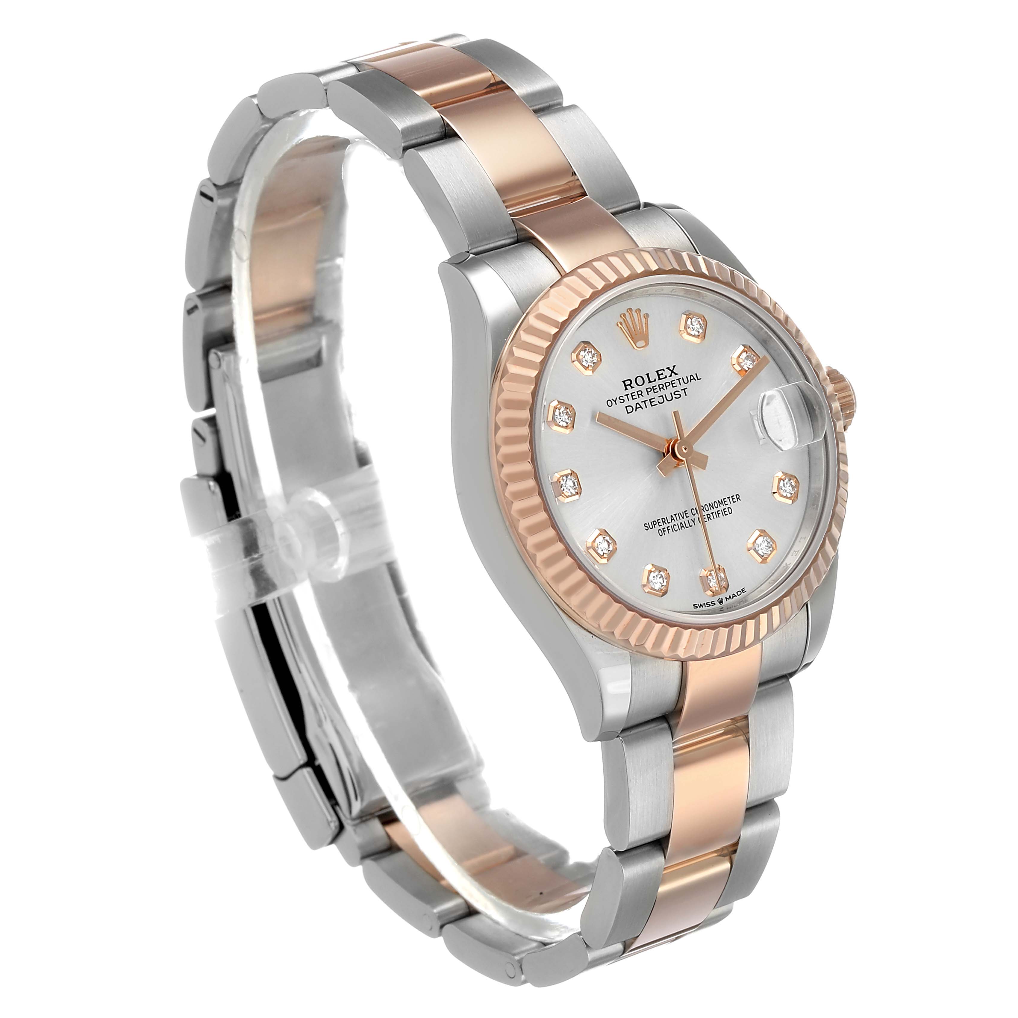 The Rolex Mid-Size 278271 Women's Steel and Gold (two tone) Silver Dial watch is shown at a three-quarter angle, displaying the bezel, dial, case, and two-tone bracelet.