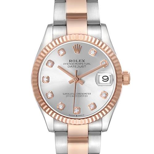The Rolex Mid-Size 278271 Women's Steel and Gold (two tone) Silver Dial watch is shown from the front, highlighting its bezel, dial, date window, and bracelet.