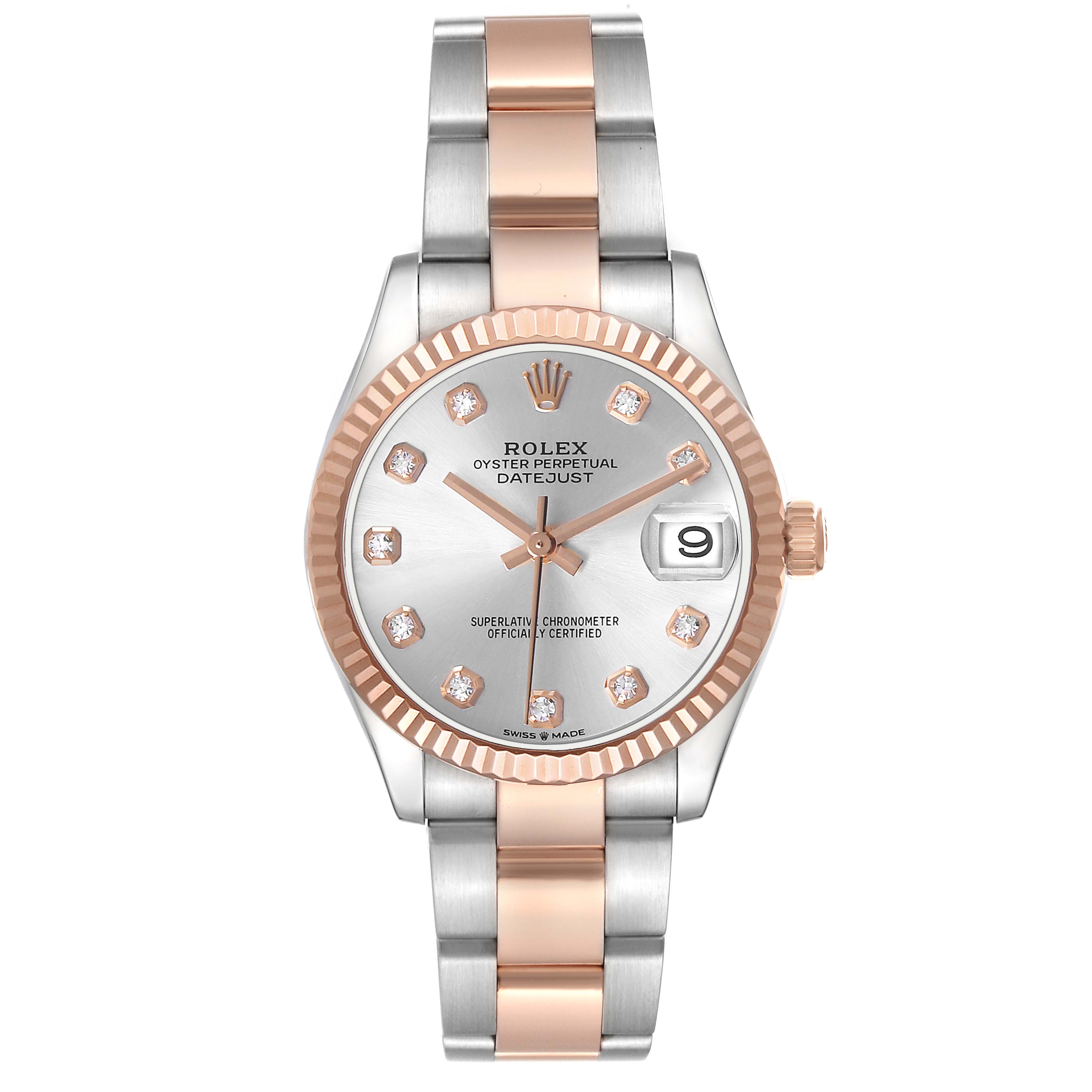 The Rolex Mid-Size 278271 Women's Steel and Gold (two tone) Silver Dial watch is shown from a front angle, displaying its bracelet, dial, case, and fluted bezel.